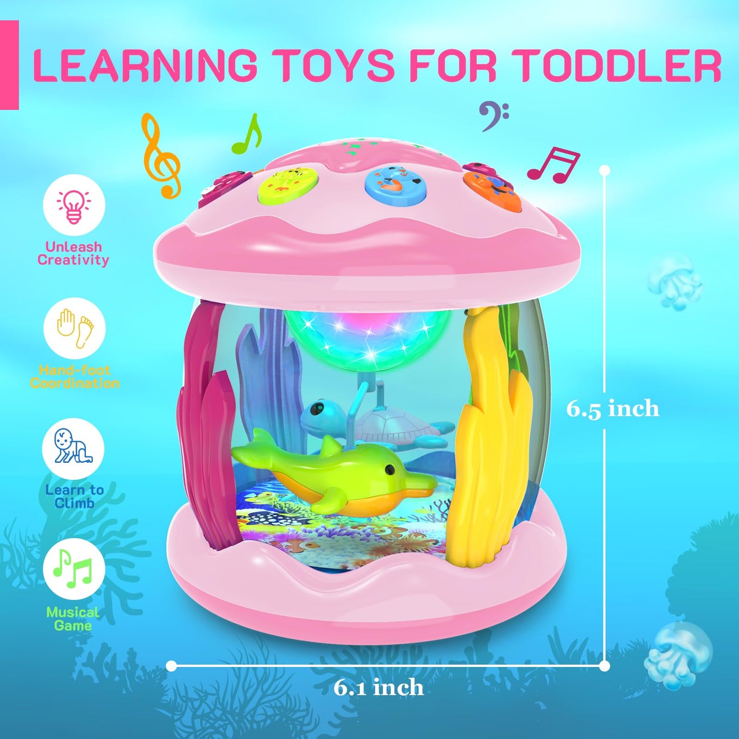 Jyusmile Baby Toys 6-12 Months – Musical Light-Up Rotating Ocean Projector (Pink)
