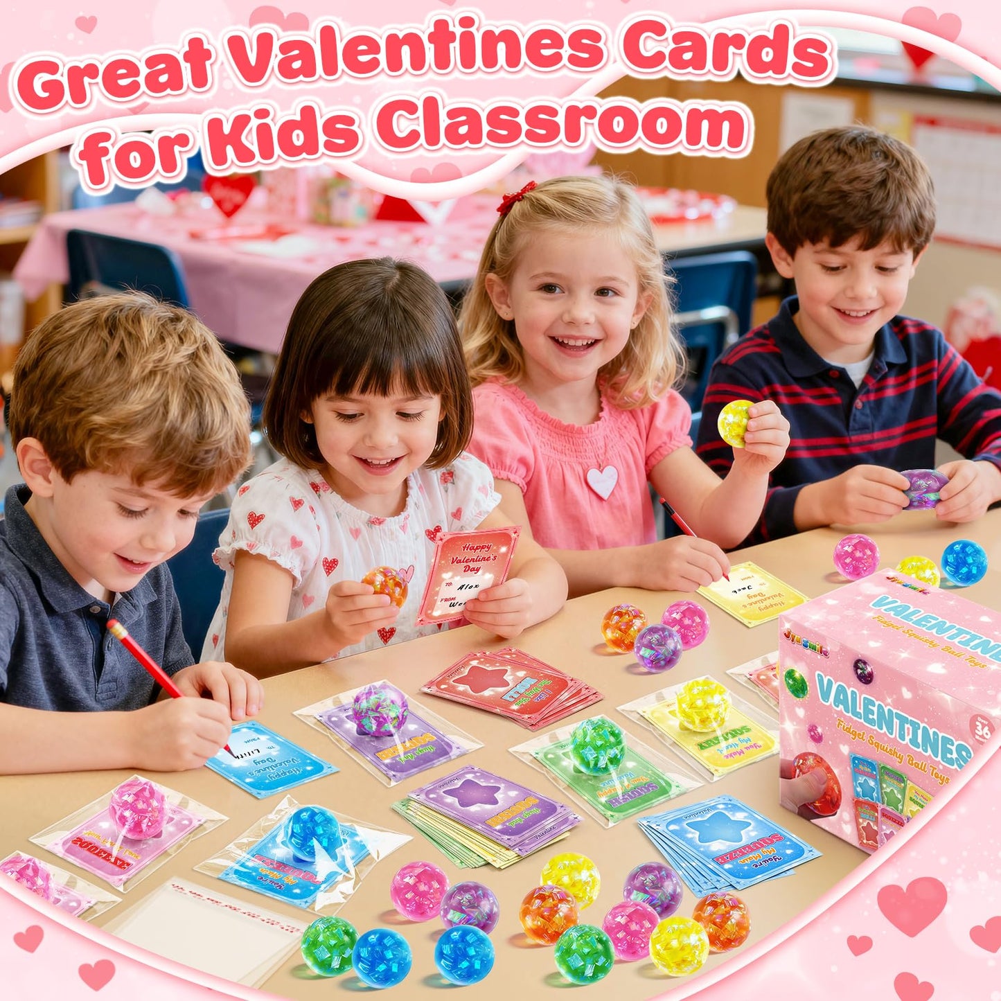 Jyusmile Valentines Day Cards for Kids School - 24 Glitter Stress Balls & Card Gift Pack