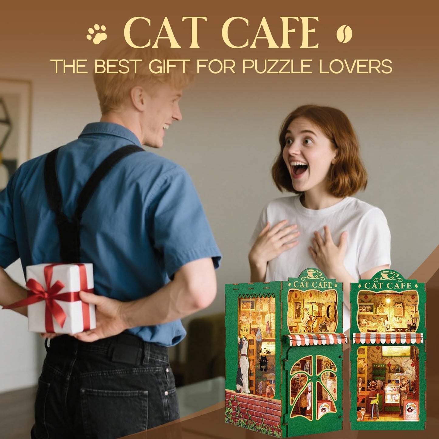 KaayeeWood Book Nook Kit – DIY Miniature Dollhouse with Cat Café Theme