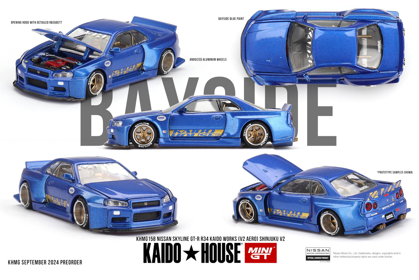 Kaido Works KHMG158 1:64 Nissan Skyline GT-R (R34) Diecast – Shinjuku V2 Blue Limited Edition
