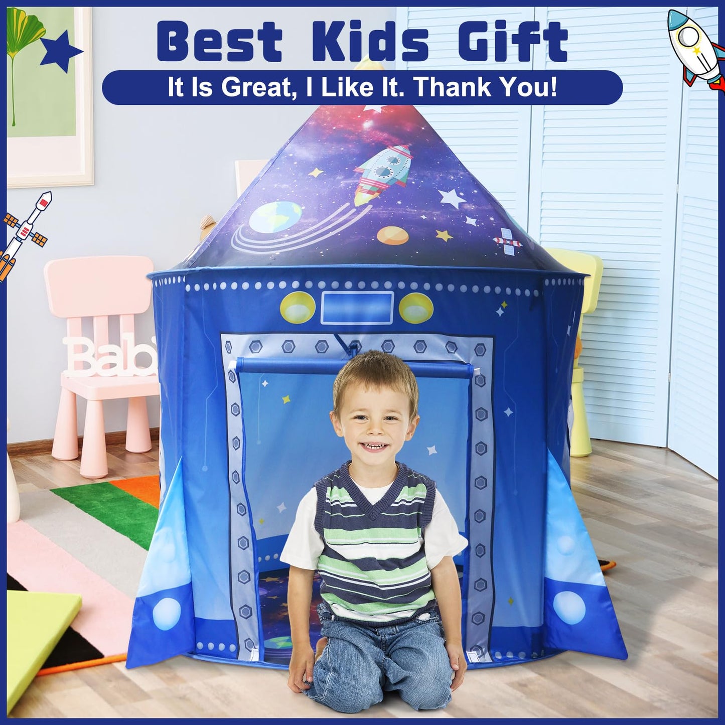 KAIVEE Rocket Ship Space Pop Up Play Tent for Kids – Astronaut Pretend Playhouse