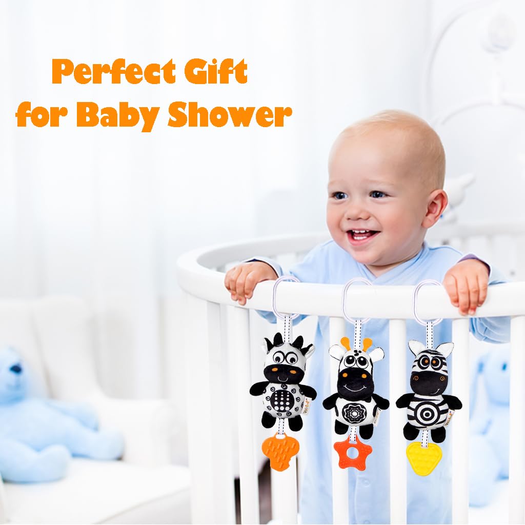 KAKIBLIN Baby Hanging Toy 3-Pack – High-Contrast Black & White Sensory Toys (Zebra, Deer, Cow)