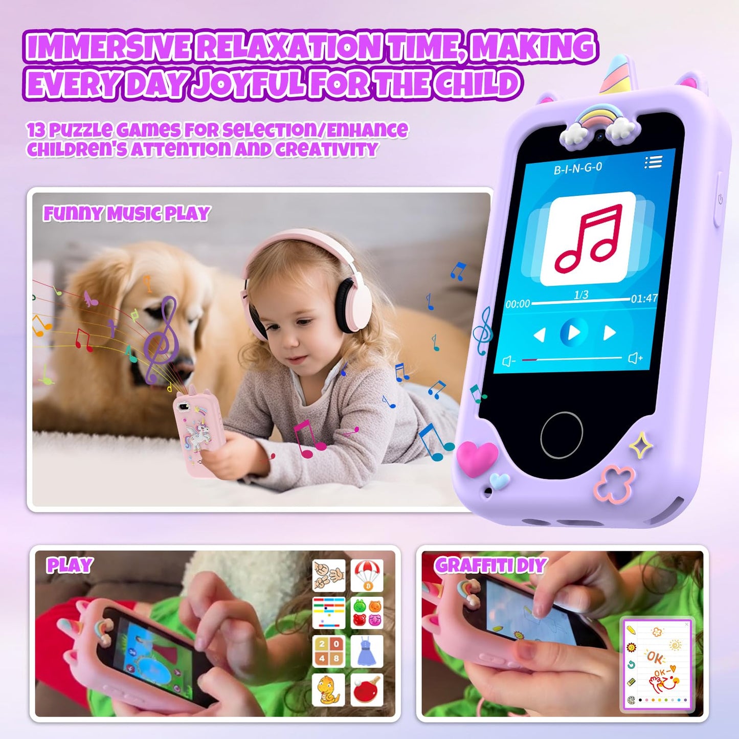 KAKTIN Kids Phone for Girls – Dual Camera Touchscreen Learning Toy (Ages 3-11)