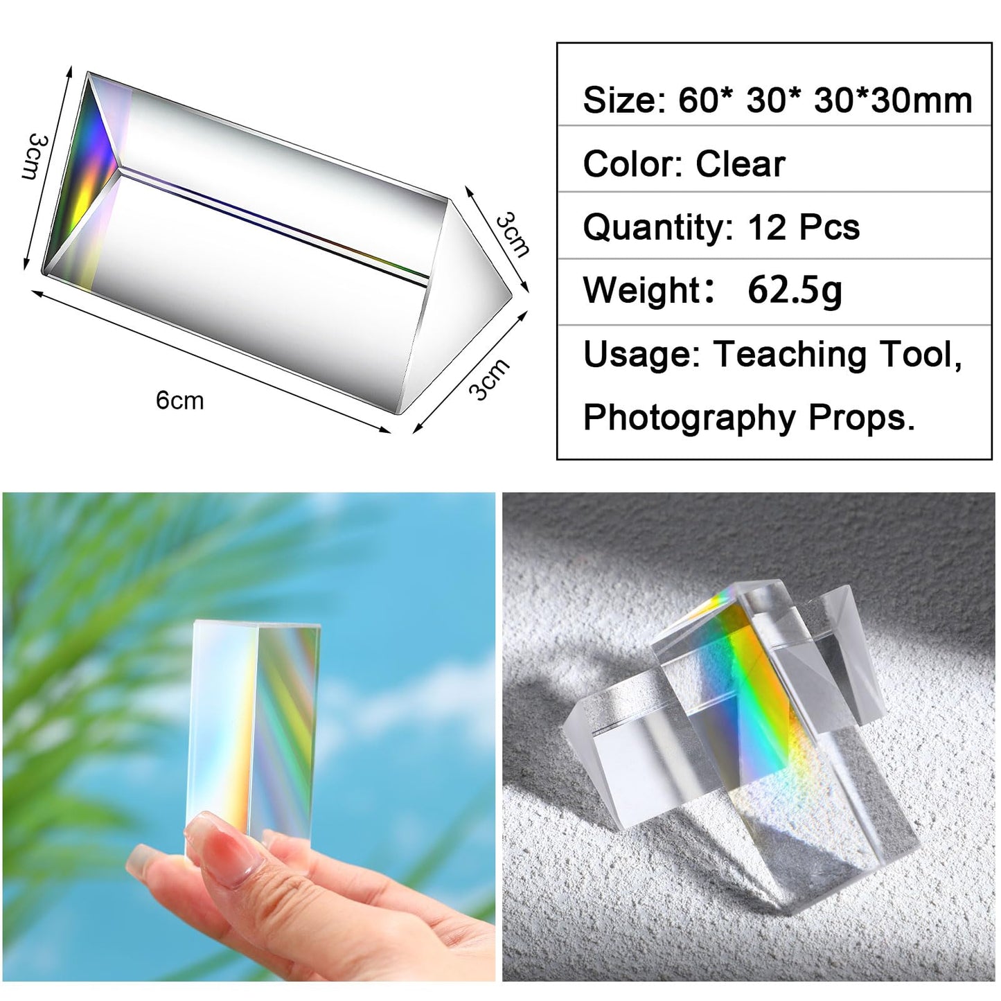 Kanayu 12 Pack Clear Triangular Prism – Crystal Glass Prism for Photography & Light Spectrum