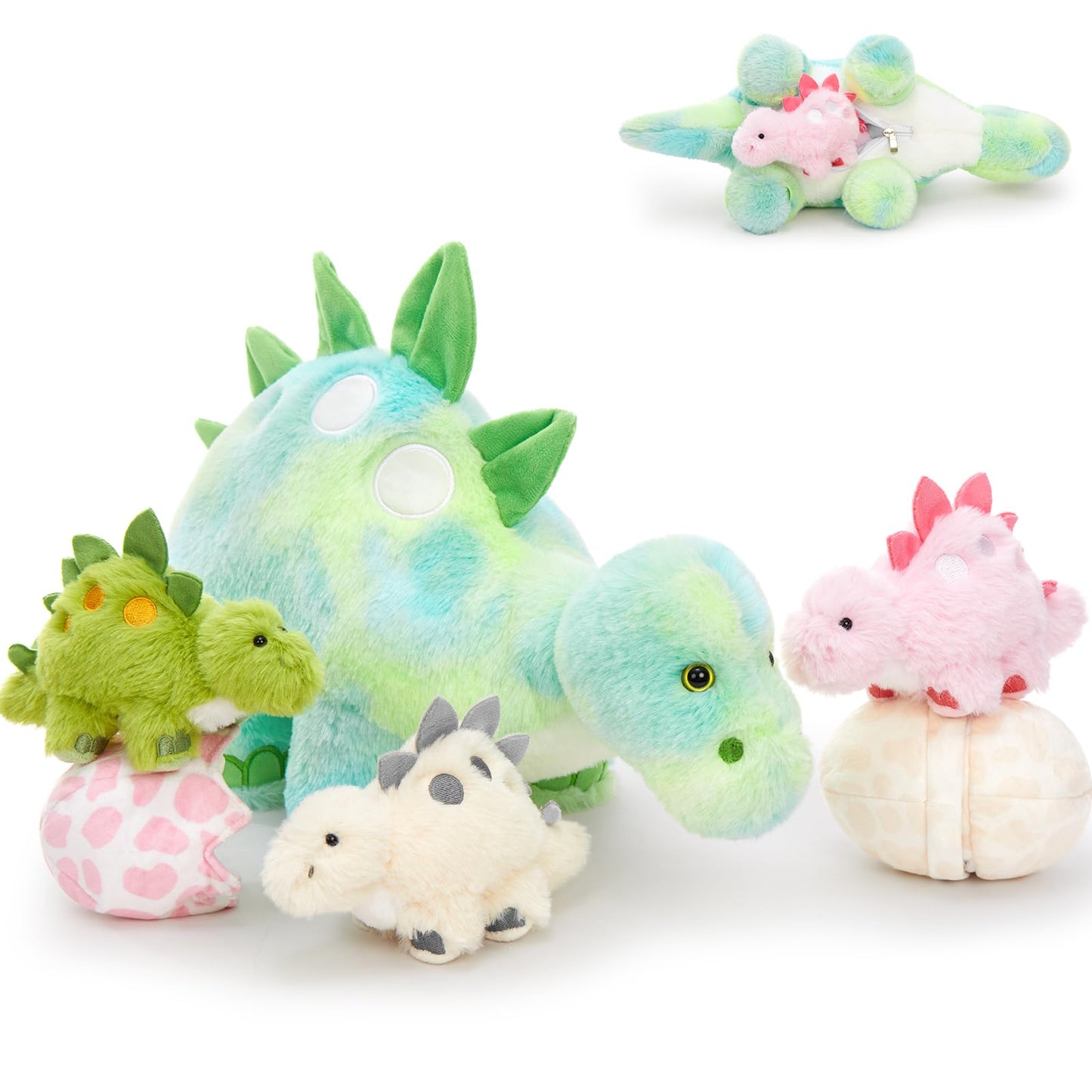 Karister Dinosaur Plush Set – Glow-in-the-Dark Stegosaurus with 3 Babies & Eggs (18.5 in)