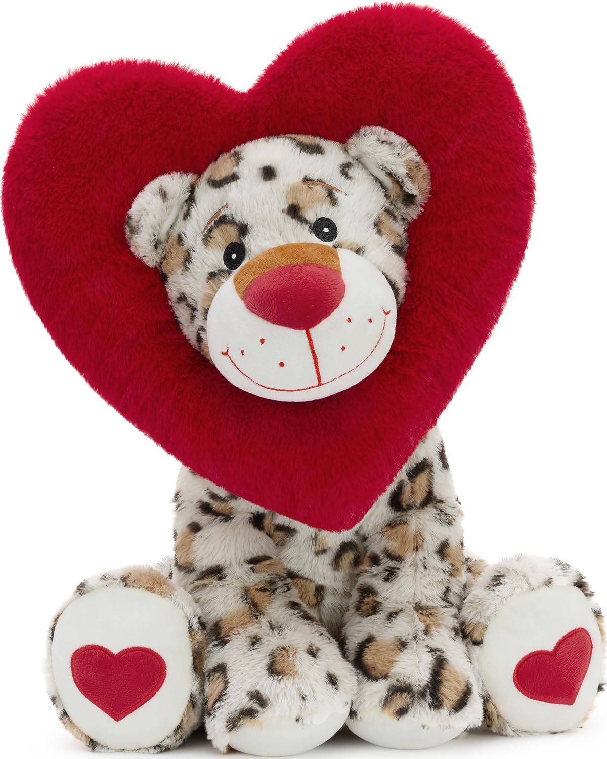 Karister Valentines Leopard Plush Toy - 17-Inch Snow Leopard with Heart Hood