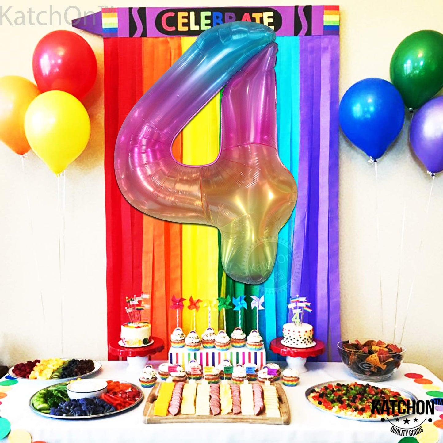 KatchOn Giant Rainbow 4 Balloon - 40 Inch Number 4 Balloon for 4th Birthday & Rainbow Party Decor