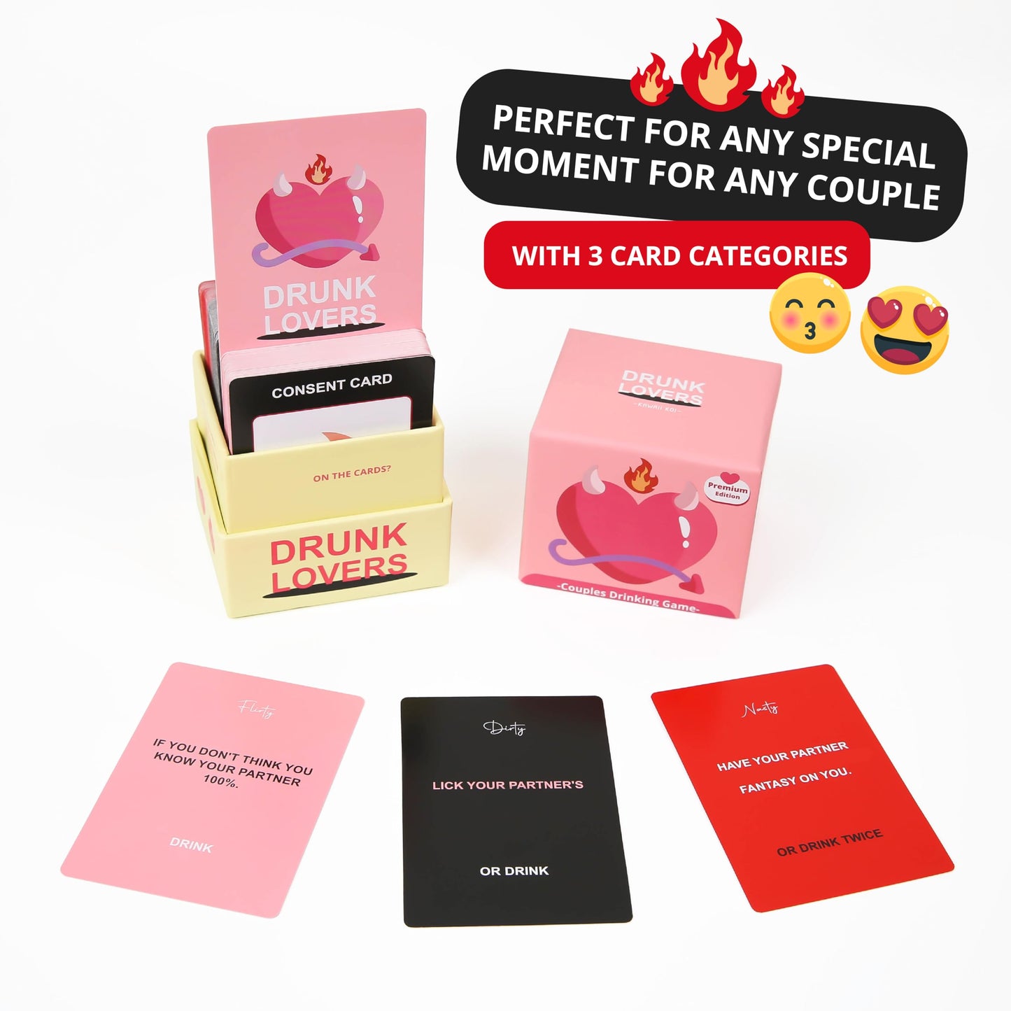 KAWAII KOI Drunk Lovers Premium Edition – Couples Card Game for Date Night (150 Cards, 3 Categories)