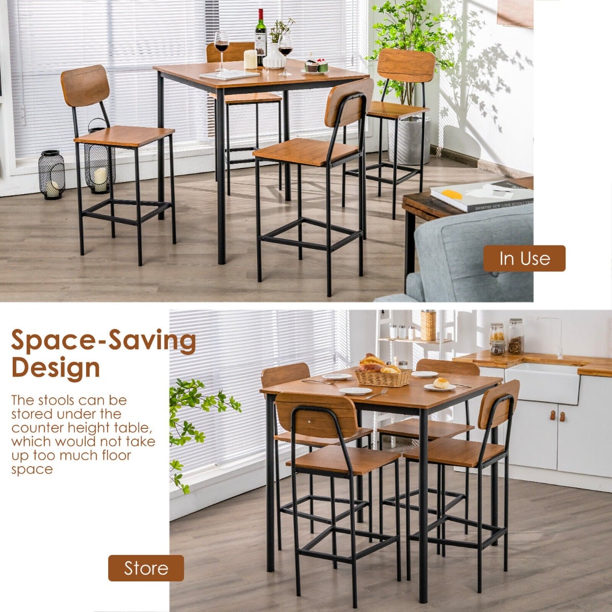 5-Piece Dining Bar Table Set for 4 Counter-Height Dining Table and 4 Bar Chairs-Brown