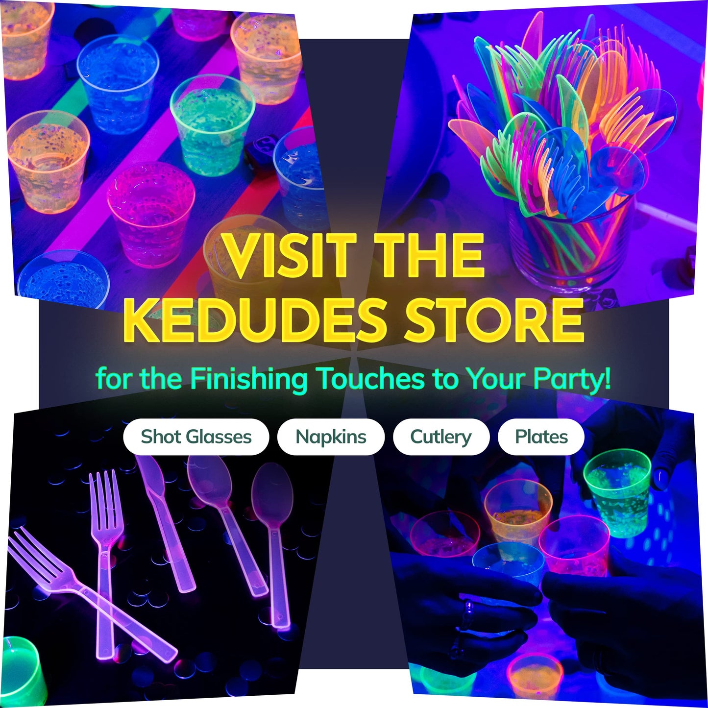 Kedudes Neon Glow Party Supplies — Serves 32, Plates, Cups, Napkins & Utensils