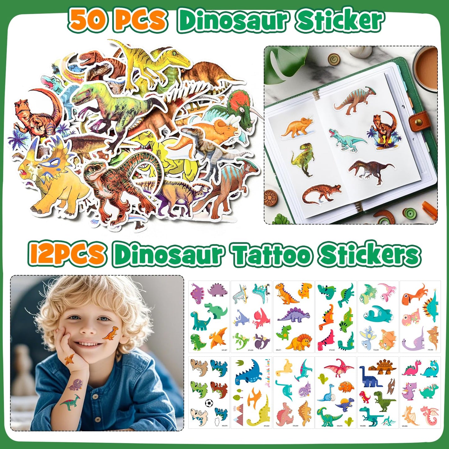 KELENO 146pcs Dinosaur Party Favors – Non-Woven Bags, Craft Kit & Dino Party Supplies