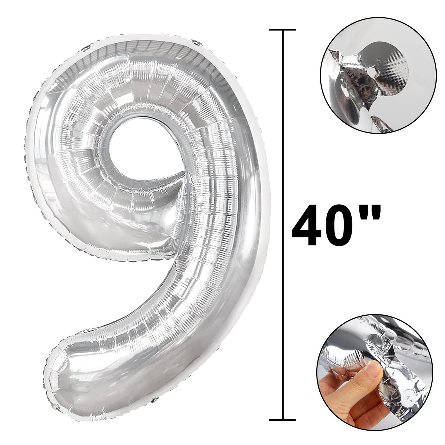 Kelfuoya 40 Inch Silver Number 9 Balloon - Giant 9th Birthday & Anniversary Party Decoration