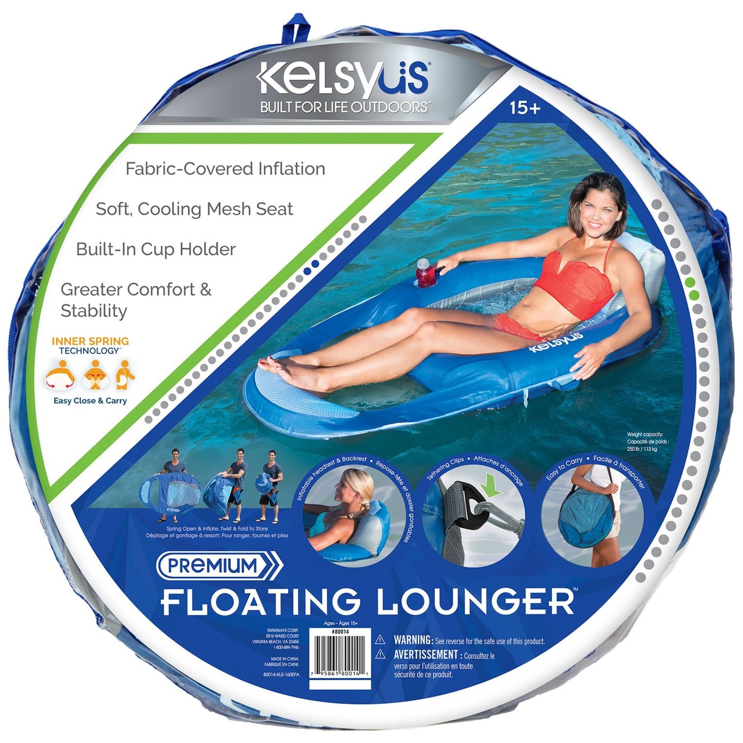 Kelsyus Spring Float Pool Lounger Chair – Light Blue | Mesh Seat, Inner Spring, Portable