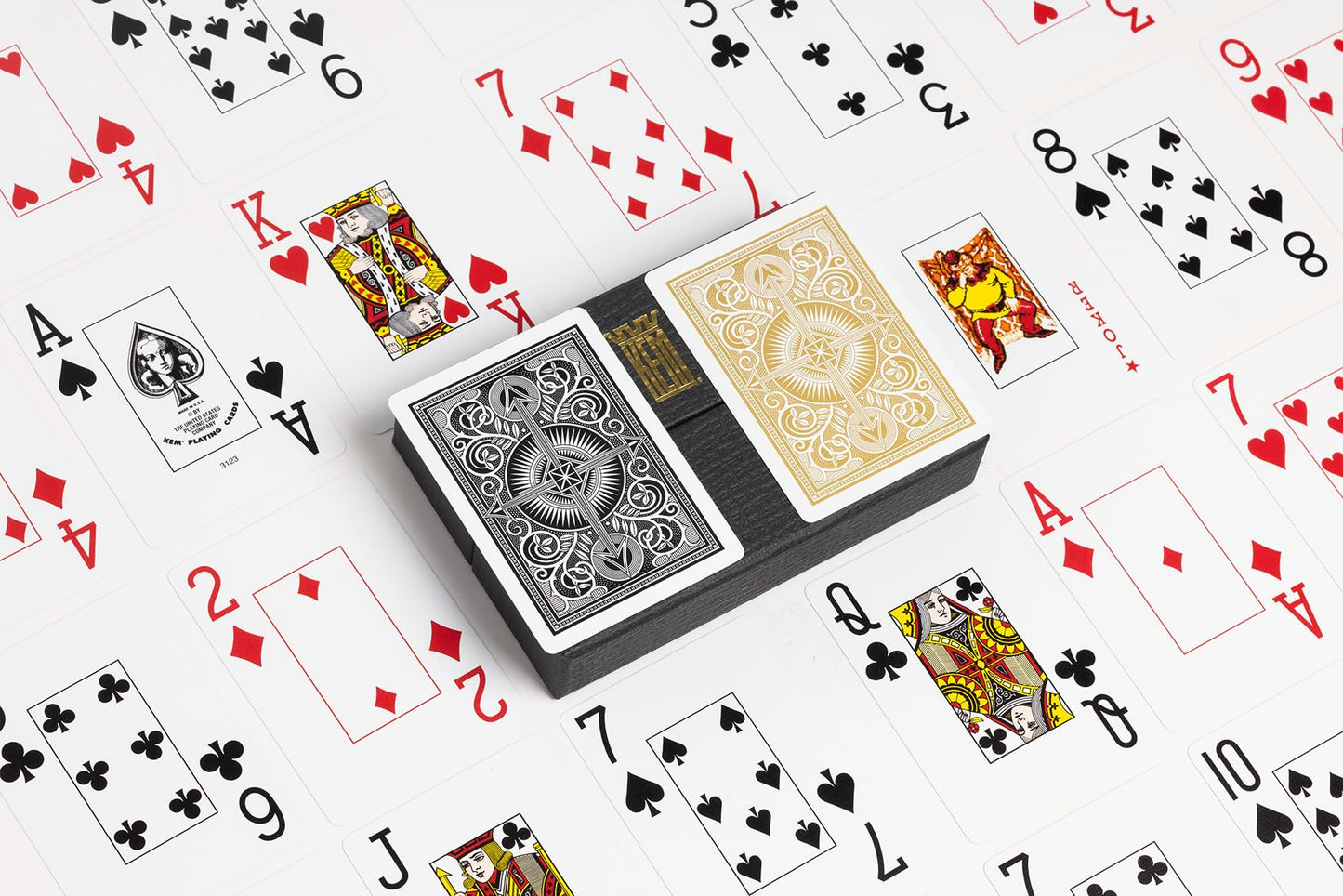 KEM Arrow Black and Gold Plastic Playing Cards – 2 Decks, Jumbo Index, Poker Size, Casino-Grade