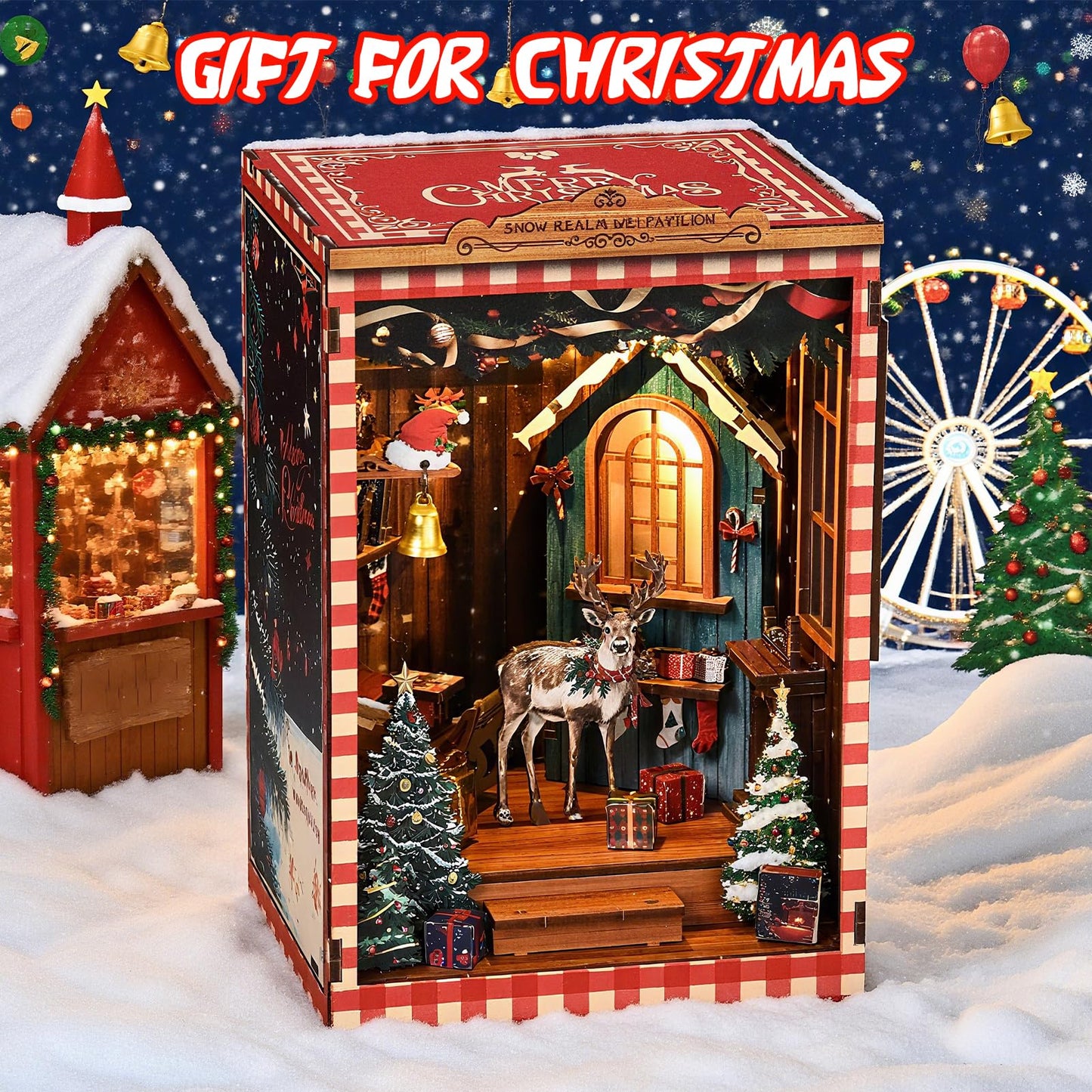 KERNOWO Book Nook Kit - DIY 3D Wooden Puzzle Snow Pavilion for Bookshelves