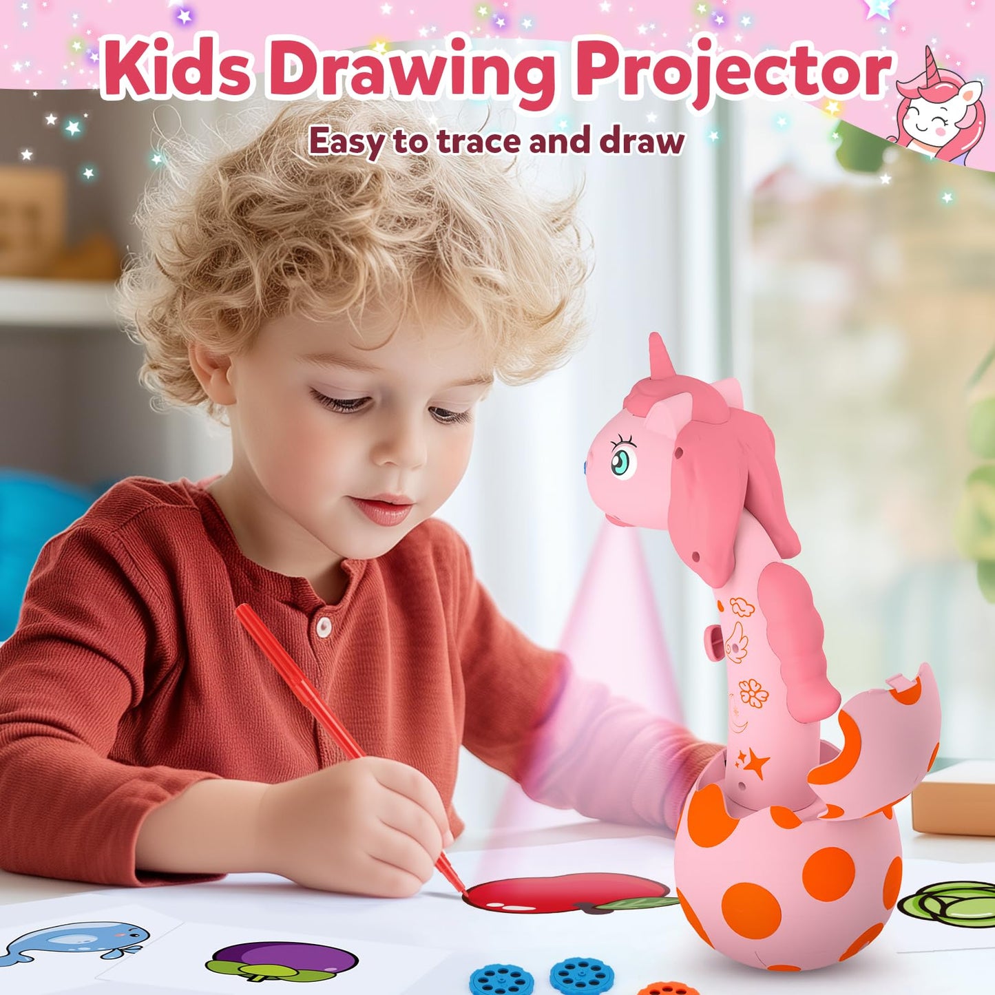 KETIEE Unicorn Drawing Projector Toy for Ages 5-7 – 96 Patterns, 12 Discs, Safe Portable Art