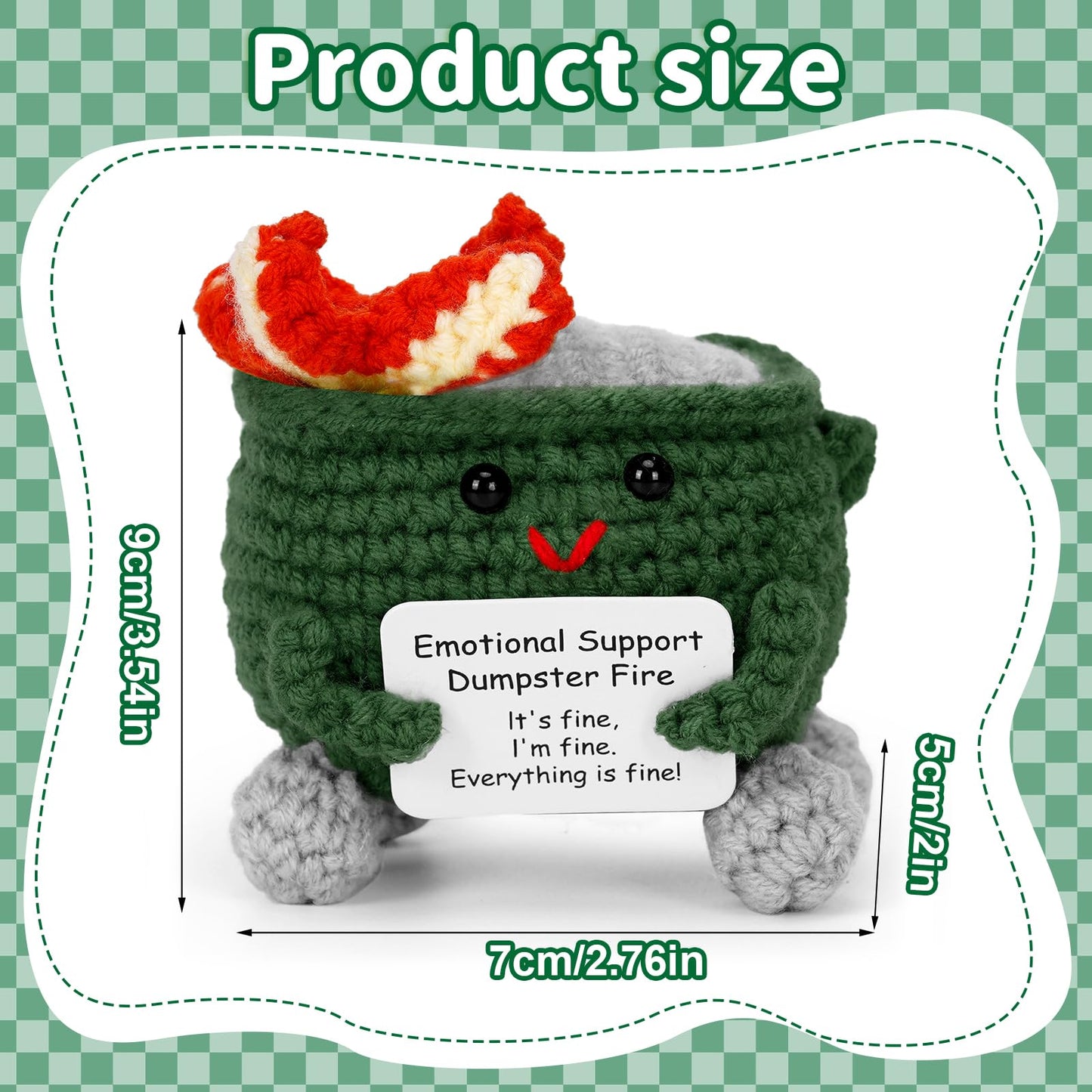 Keyrose Emotional Support Dumpster Fire Crochet — Handcrafted Desk Accessory + Positive Card (Green)