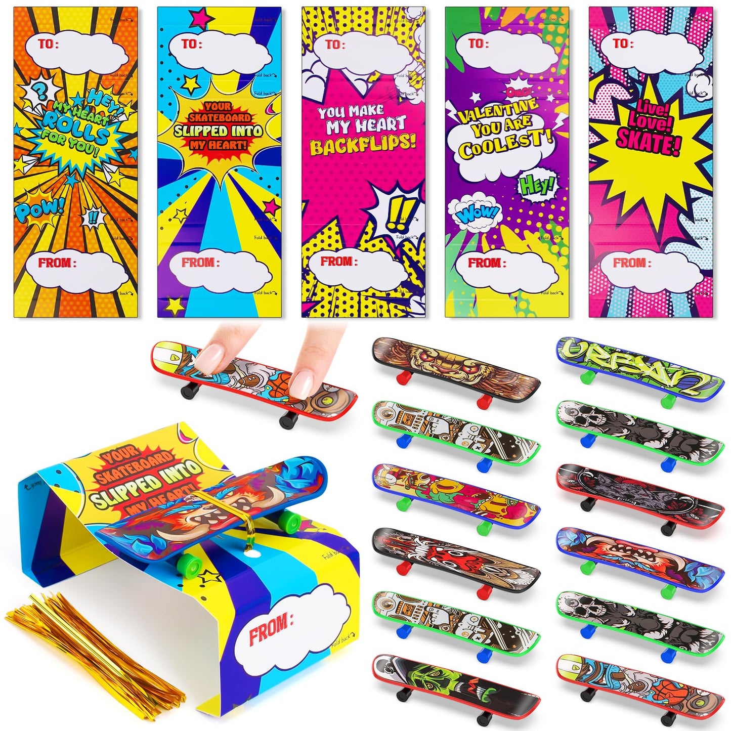 Keysense Lifestyle 28-Pack Valentines Day Cards with Mini Finger Skateboards – Classroom Gifts & Party Favors