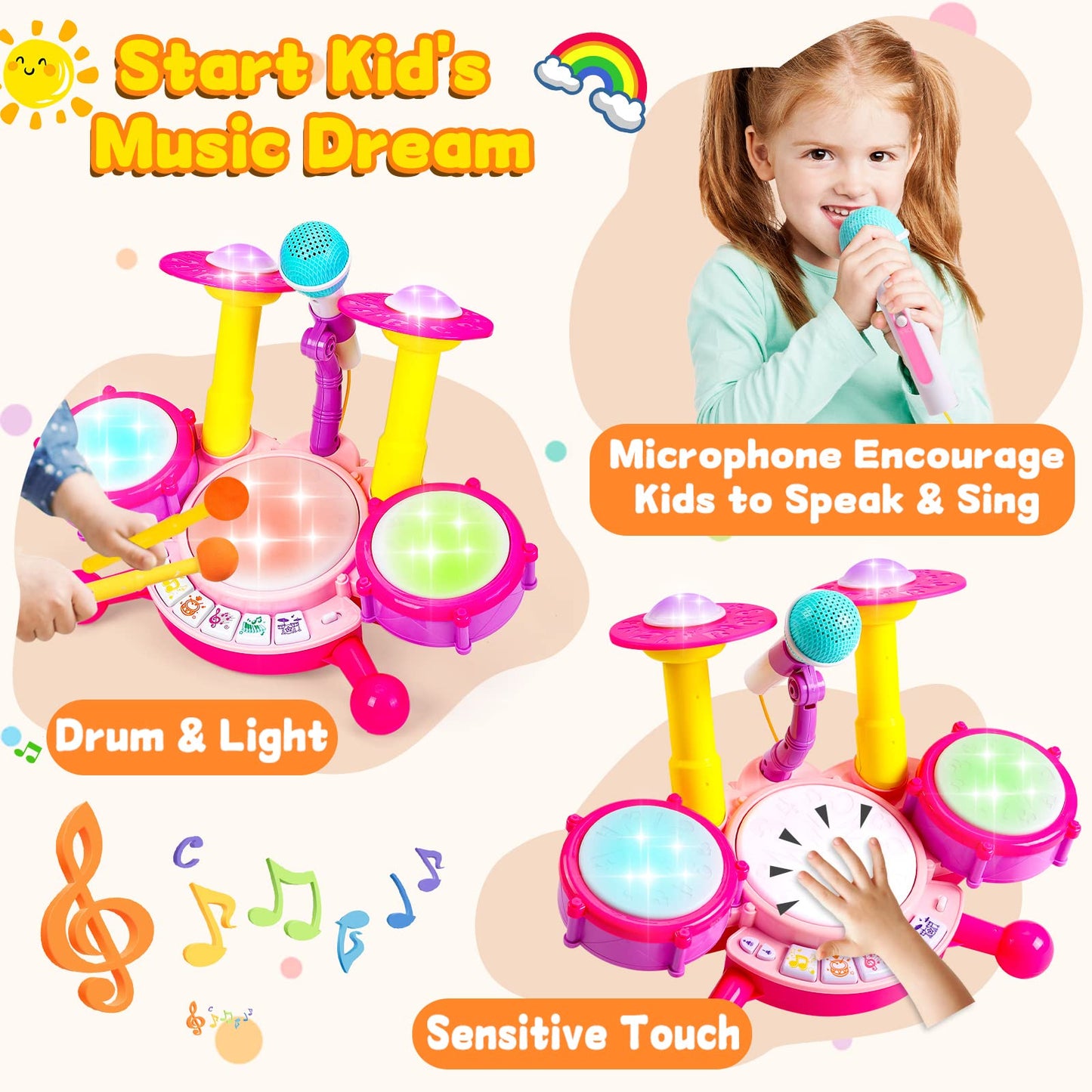 Keysense Lifestyle Kids Drum Set for Toddlers 1-3 with Microphone – Interactive Musical Toy