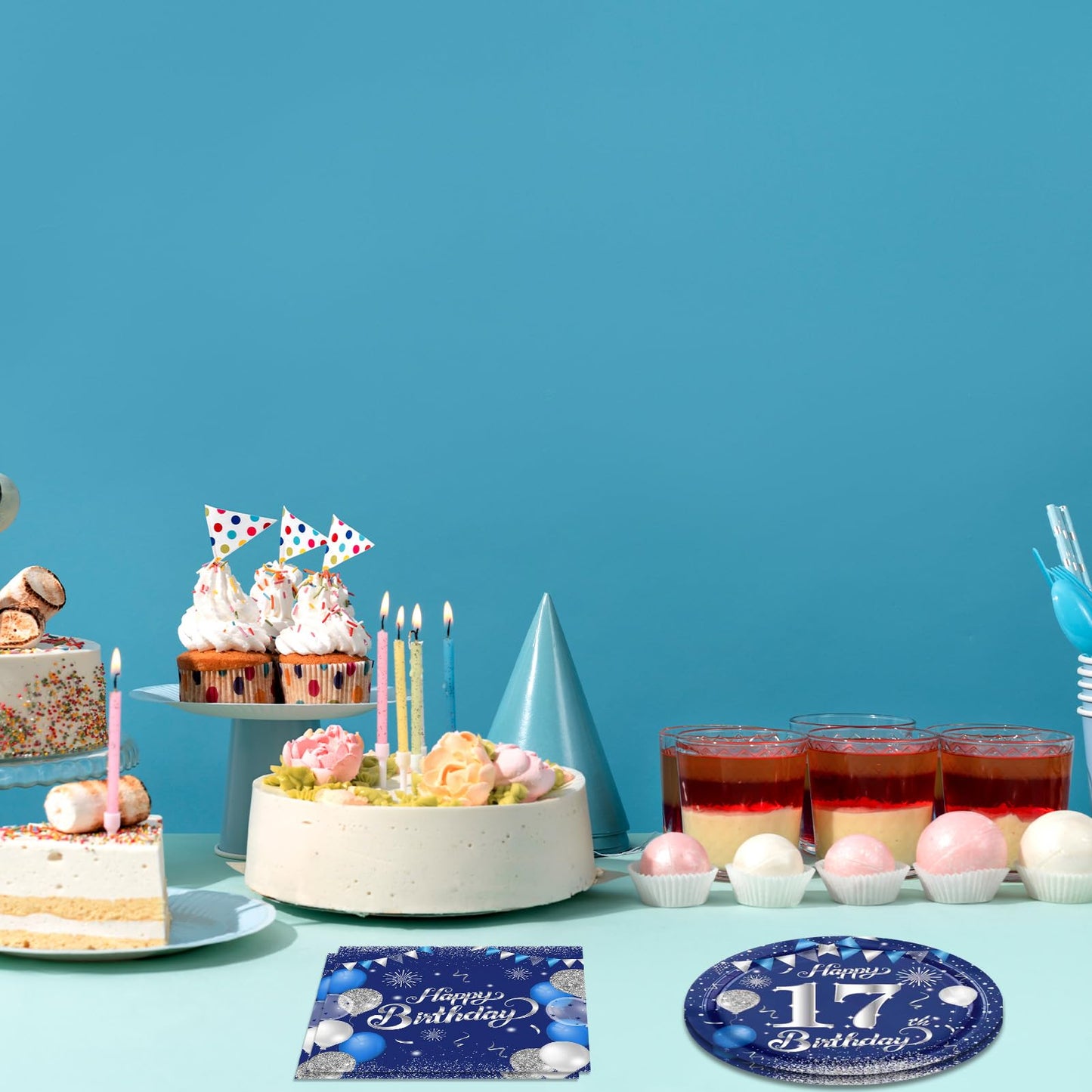 KHAIVI 40Pcs 17th Birthday Decorations — Blue & Silver Table Decor Set for Teens (Serves 20)