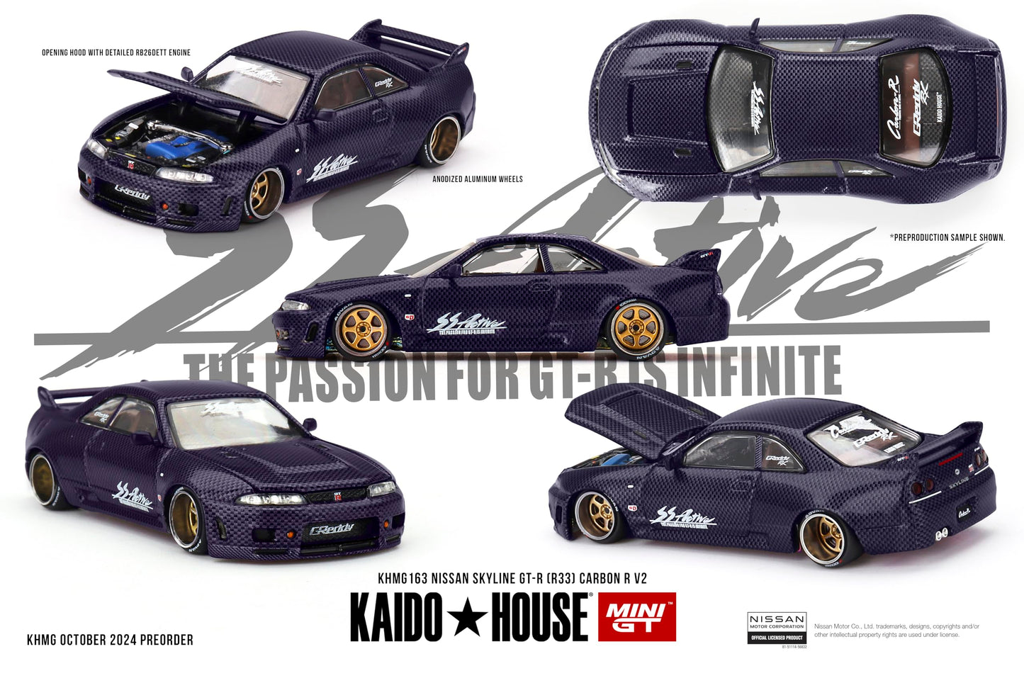 KHMG163 Diecast Nissan Skyline GT-R R33 – Kaido House x Mini GT 1:64 Active Carbon R V2 Purple Edition