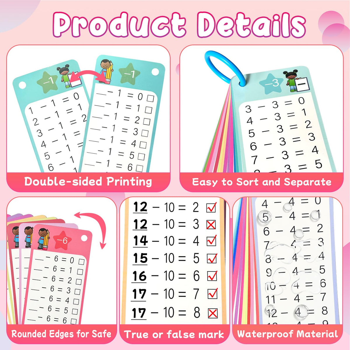 Kiadekoce Subtraction Flash Cards 1-12 – 15-Piece Times Table Set with Dry-Erase Markers