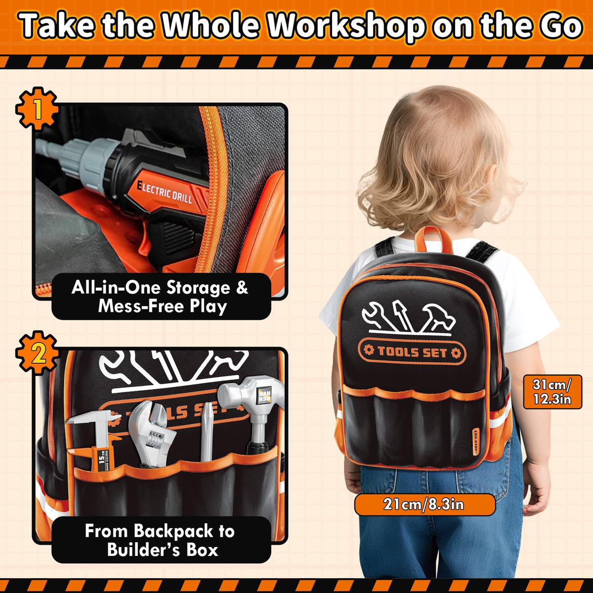 KidBloom 50-Piece Kids Tool Set with Backpack | Pretend Play Drill & Safety Gear