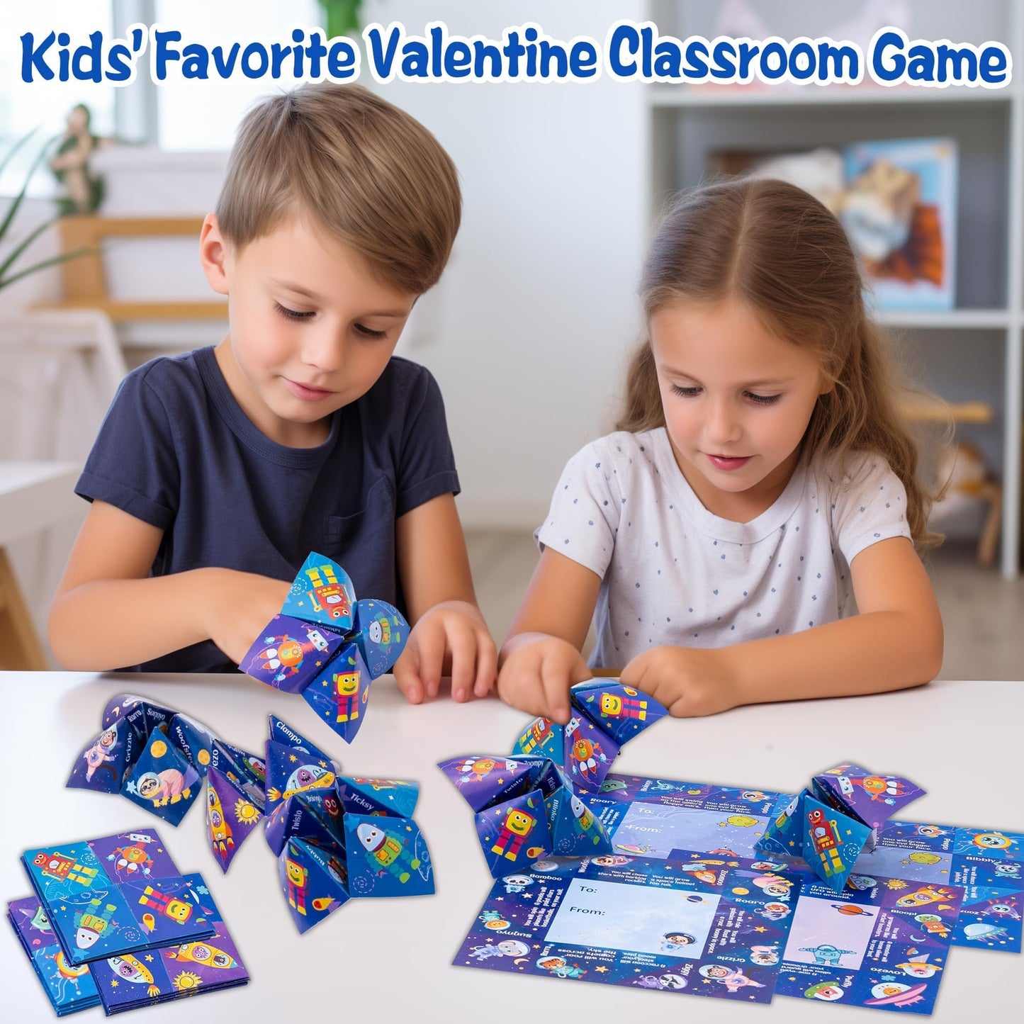 Kiddelo 28-Pack Valentines Day Cards for Kids – Space Themed Cootie Catcher with Envelopes