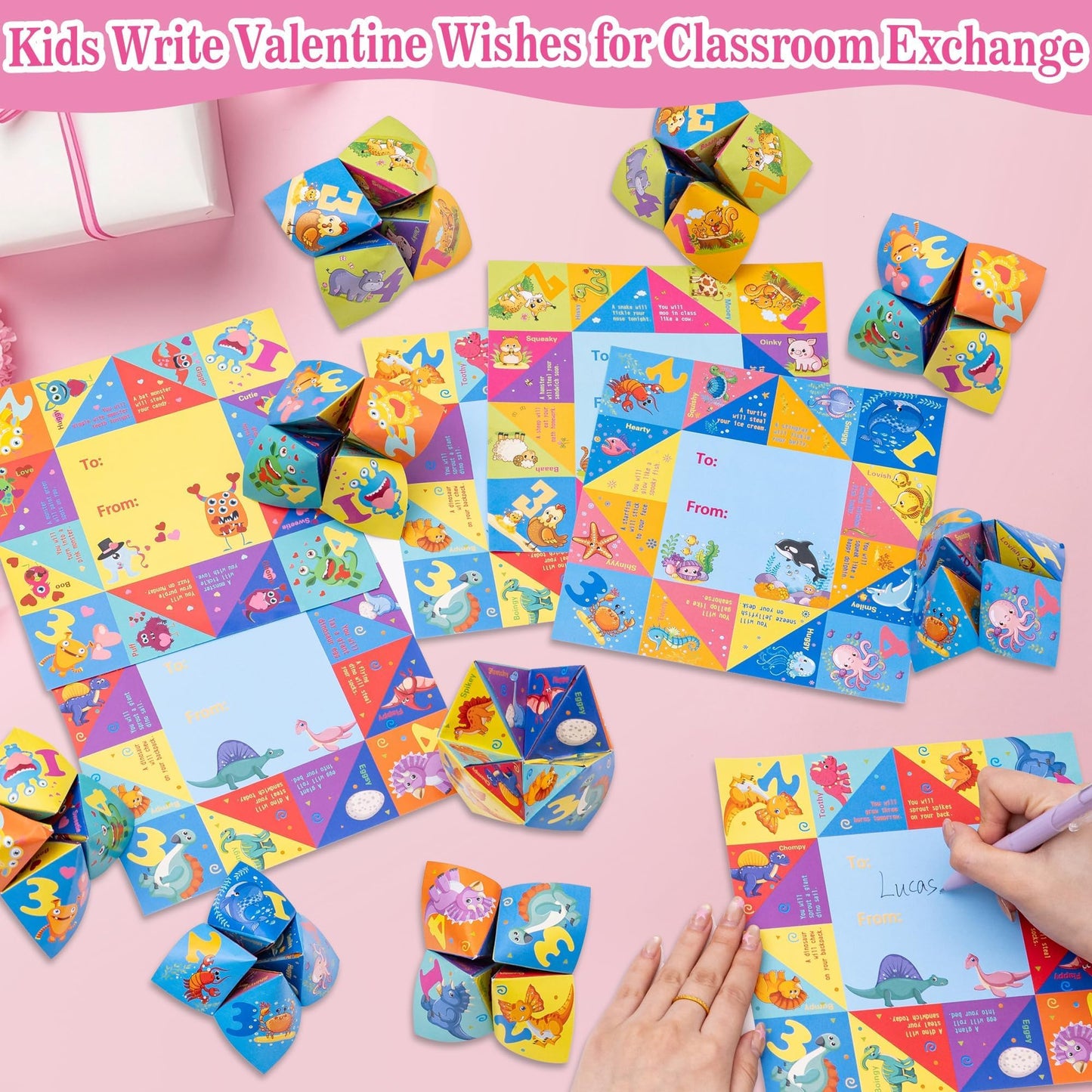 Kiddelo 28-Pack Valentines Day Cards for Kids – Cootie Catcher Fortune Teller Cards with 4 Designs & Envelopes (Non-Candy)