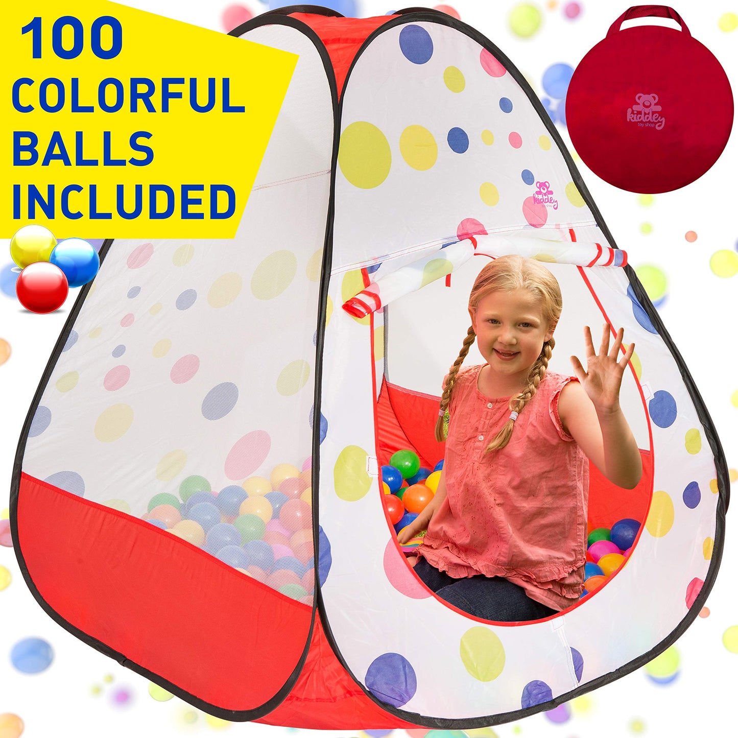Kiddey Kids Play Tent with 100 Balls — 39x39 Pop-Up Ball Pit Playhouse