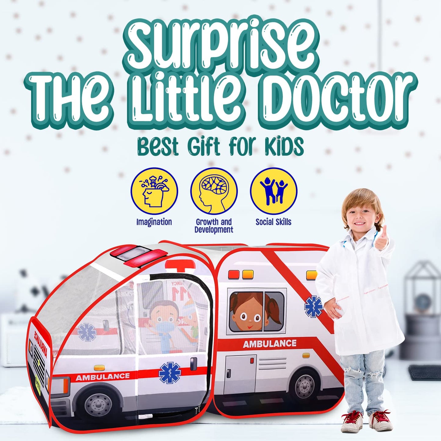 Kiddzery Ambulance Pop-Up Tent with Sounds – Doctor Kit & Ball Pit