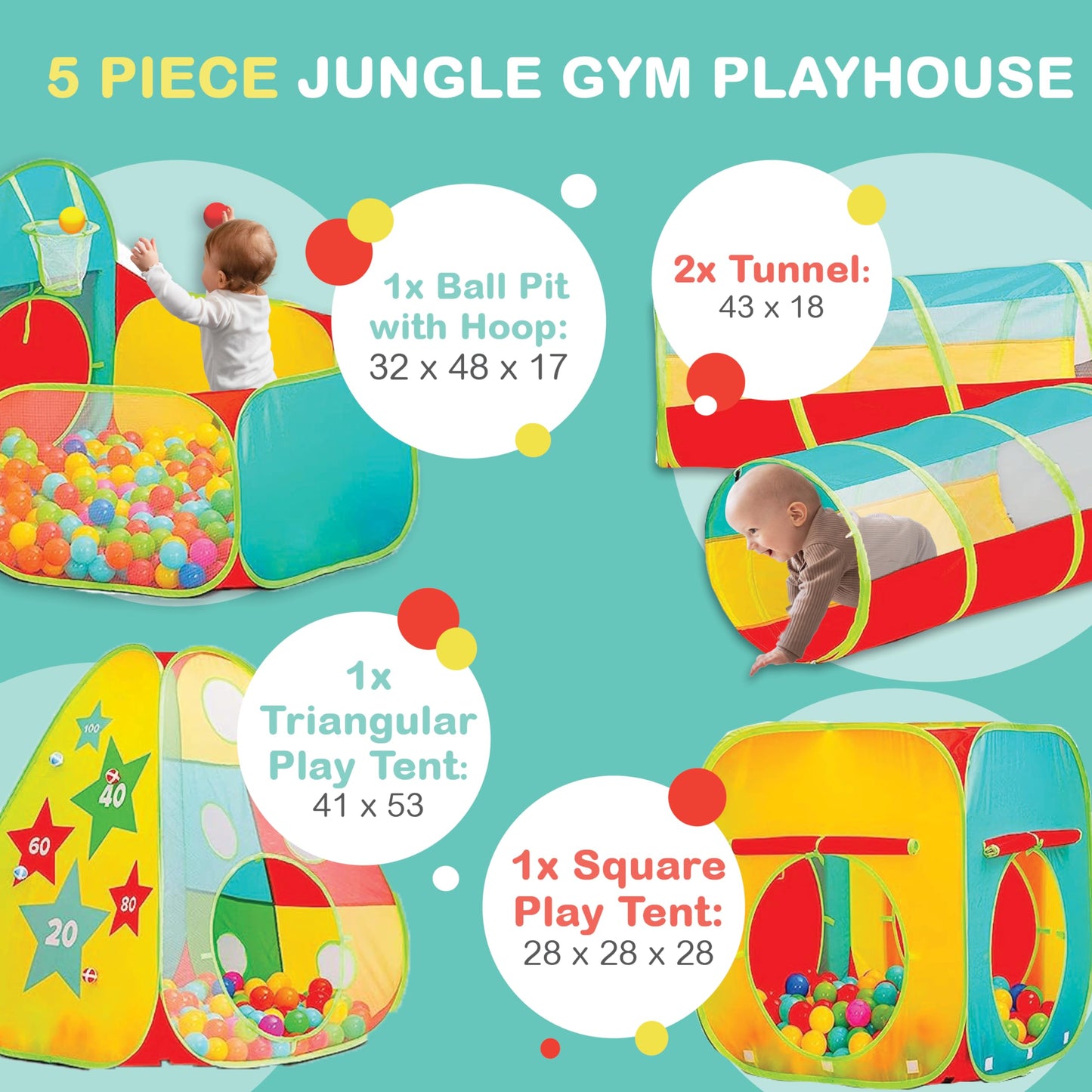 Kiddzery 5pc Kids Play Tent Set: Ball Pit, Tunnels, Teepee & Basketball Hoop