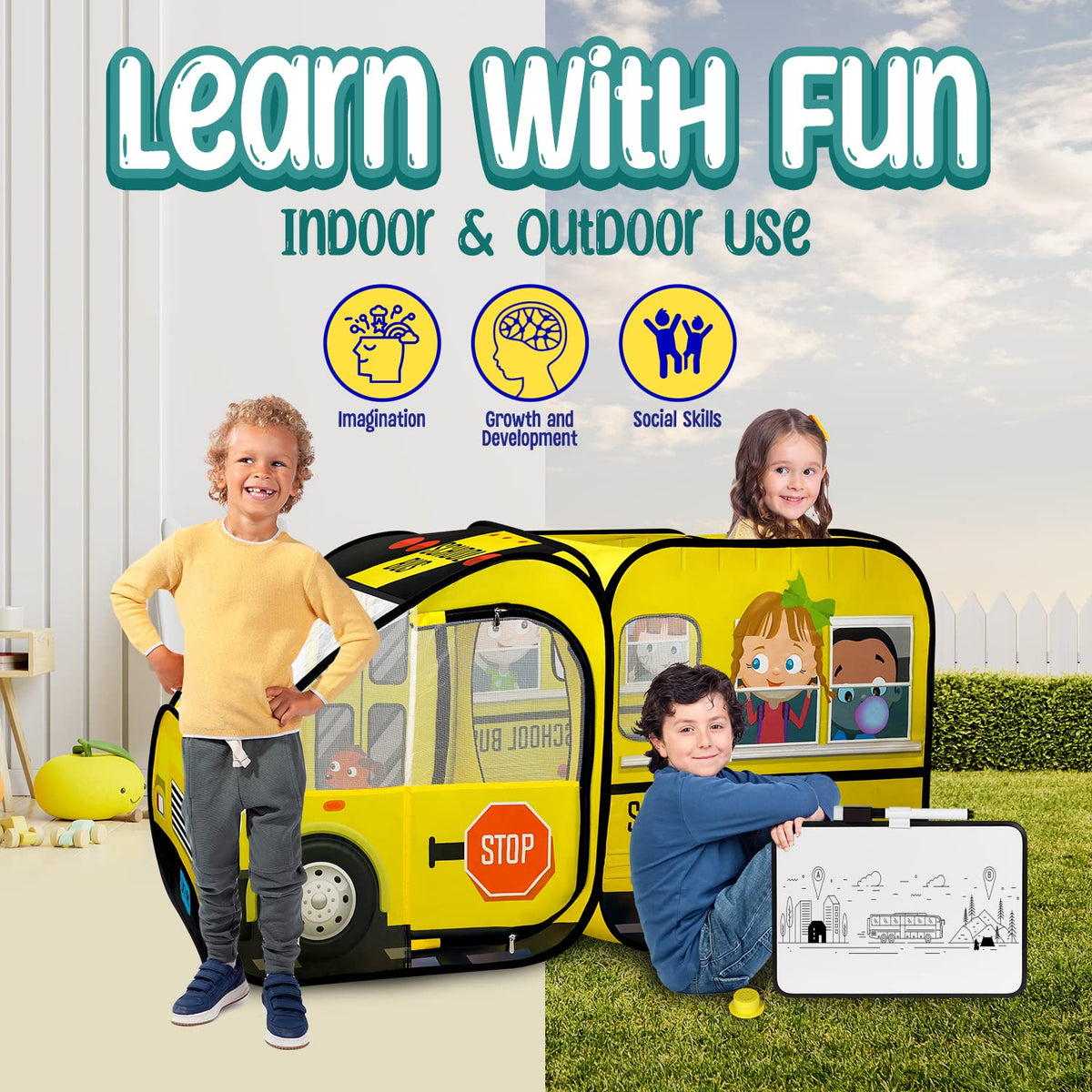 Kiddzery School Bus Pop-Up Tent with Sound Button – Indoor & Outdoor Ball Pit for Toddlers & Kids