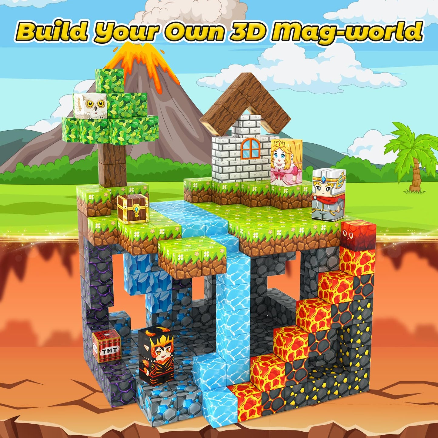 Kidiyee 100PCS Magnetic Blocks – Mine Magnet World: Forest & Lava Set for STEM Play (Ages 3-7)