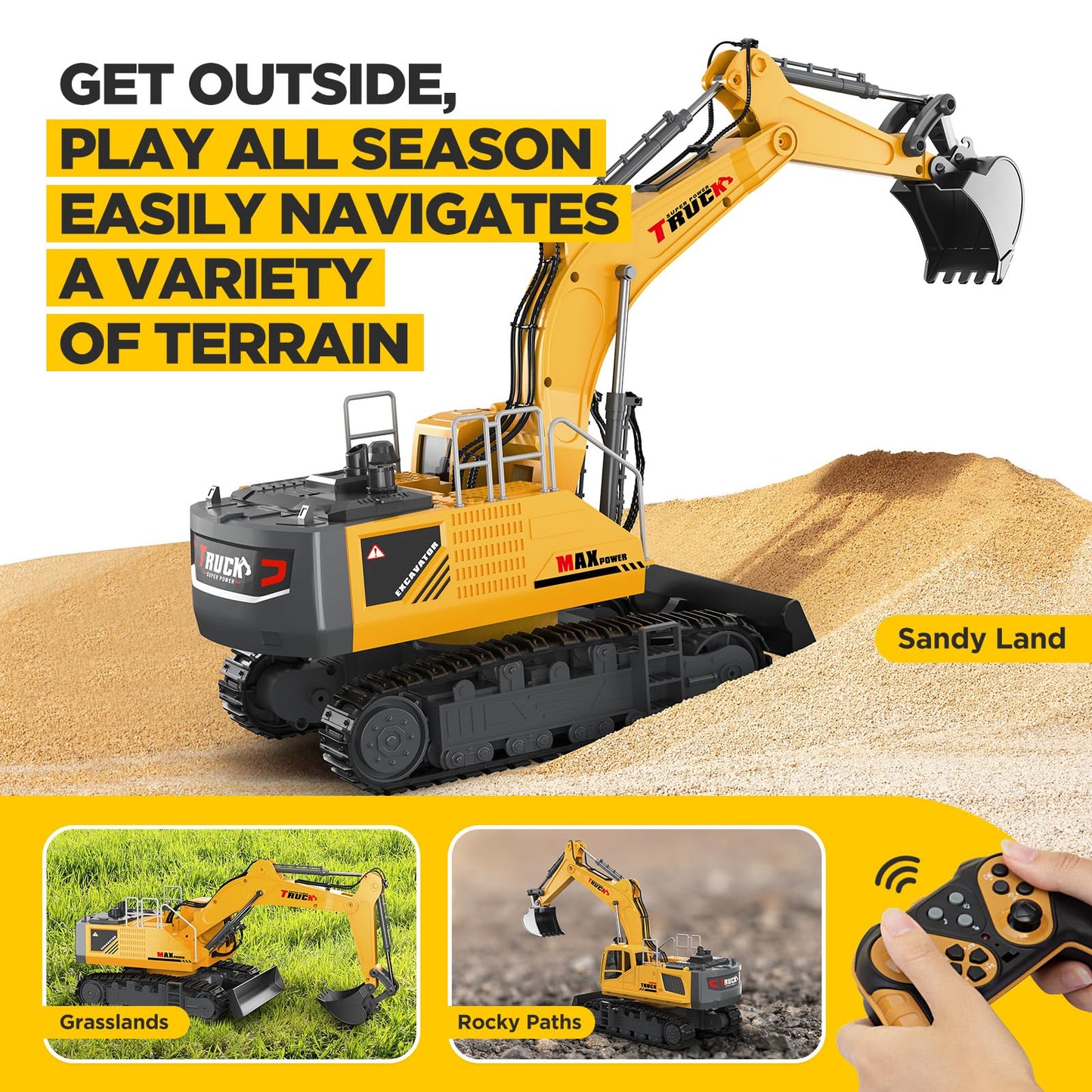 KIDMARKT 21-inch Large RC Excavator Toy – 15-Channel, Metal Bucket, Dozer Blade, Water Spray, Lights