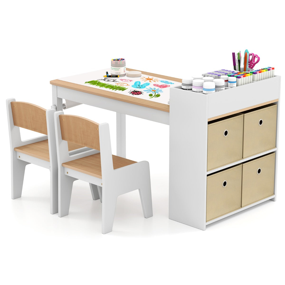 Kids Art Table and Chairs Set with Paper Roll and Storage Shelves-Grey