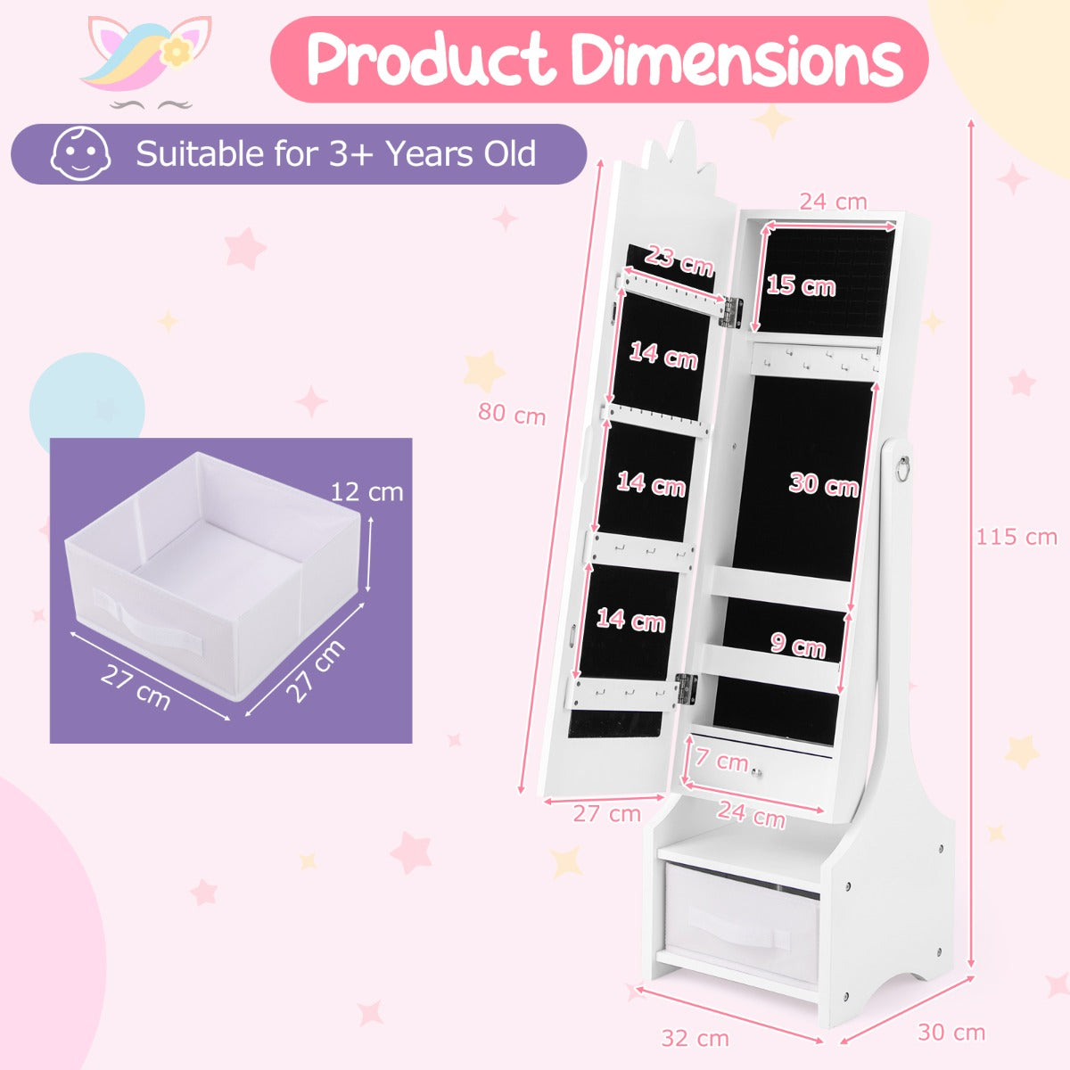 Kids Jewelry Cabinet with Full-Length Mirror and Foldable Drawer-Pink