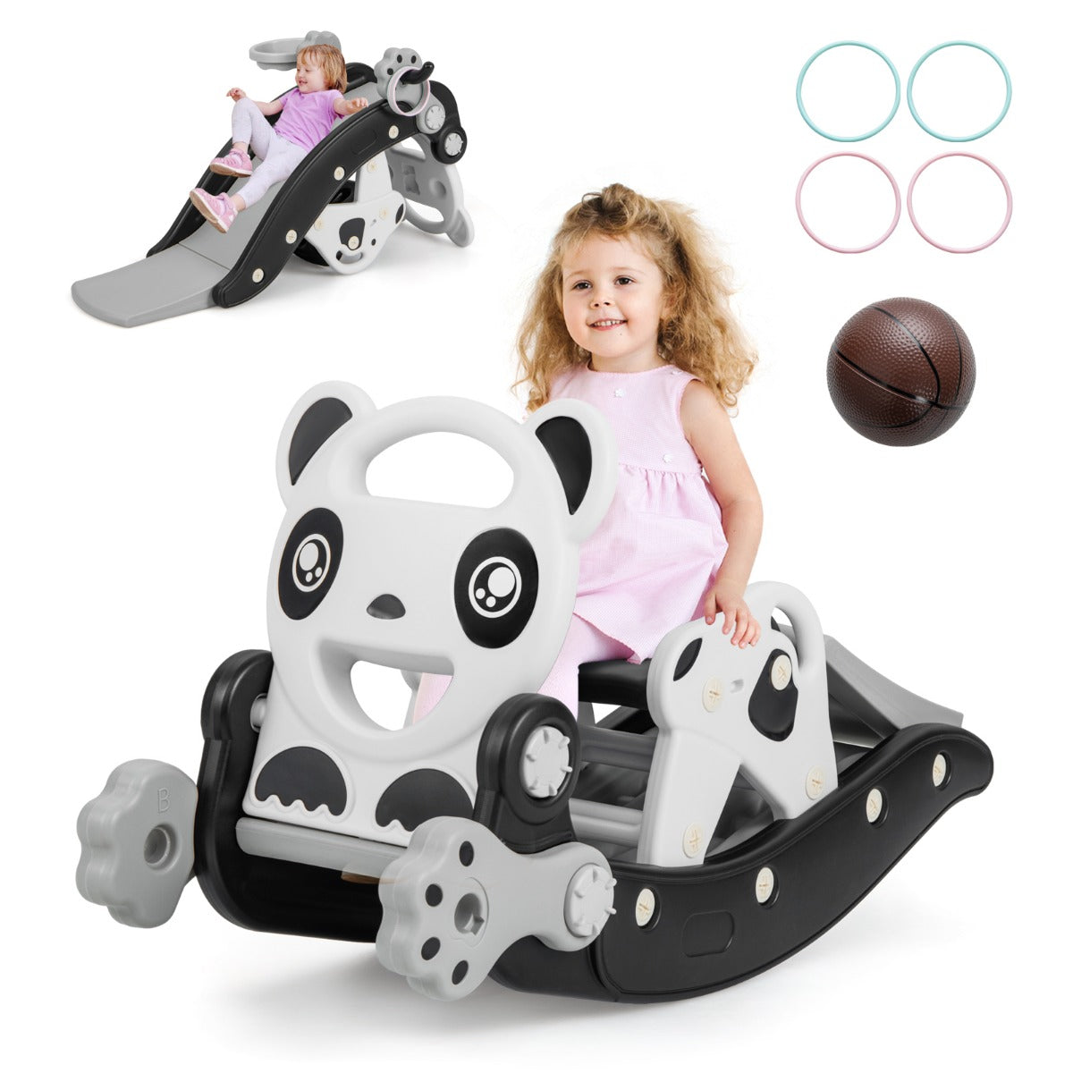 Kids Rocking Horse and Slide Set with Basketball and Ring Game
