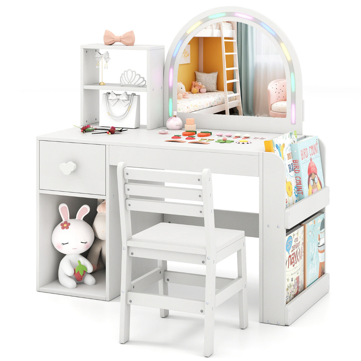 Kids Vanity Table and Chair Set with Lighted Mirror Open Storage Shelves-Pink