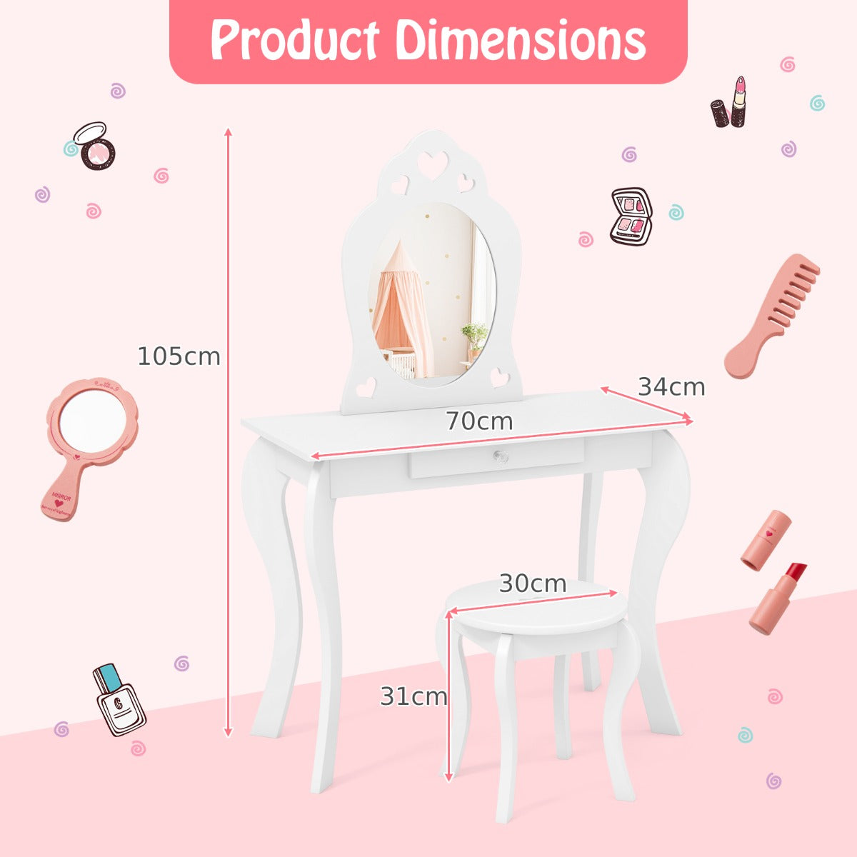 Kids Vanity Table and Stool with Removable Mirror and Drawer-Pink