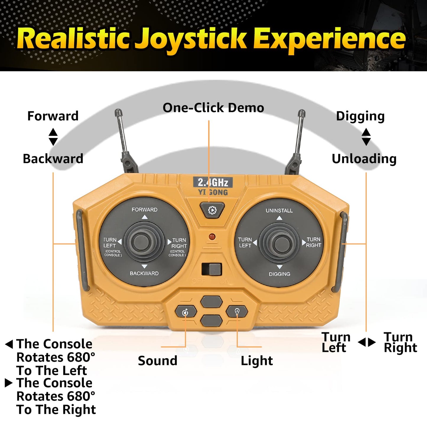 KidsFaves Remote Control Excavator Toy – 680° Rotation, 2 Batteries, Lights & Sounds for Ages 3-8