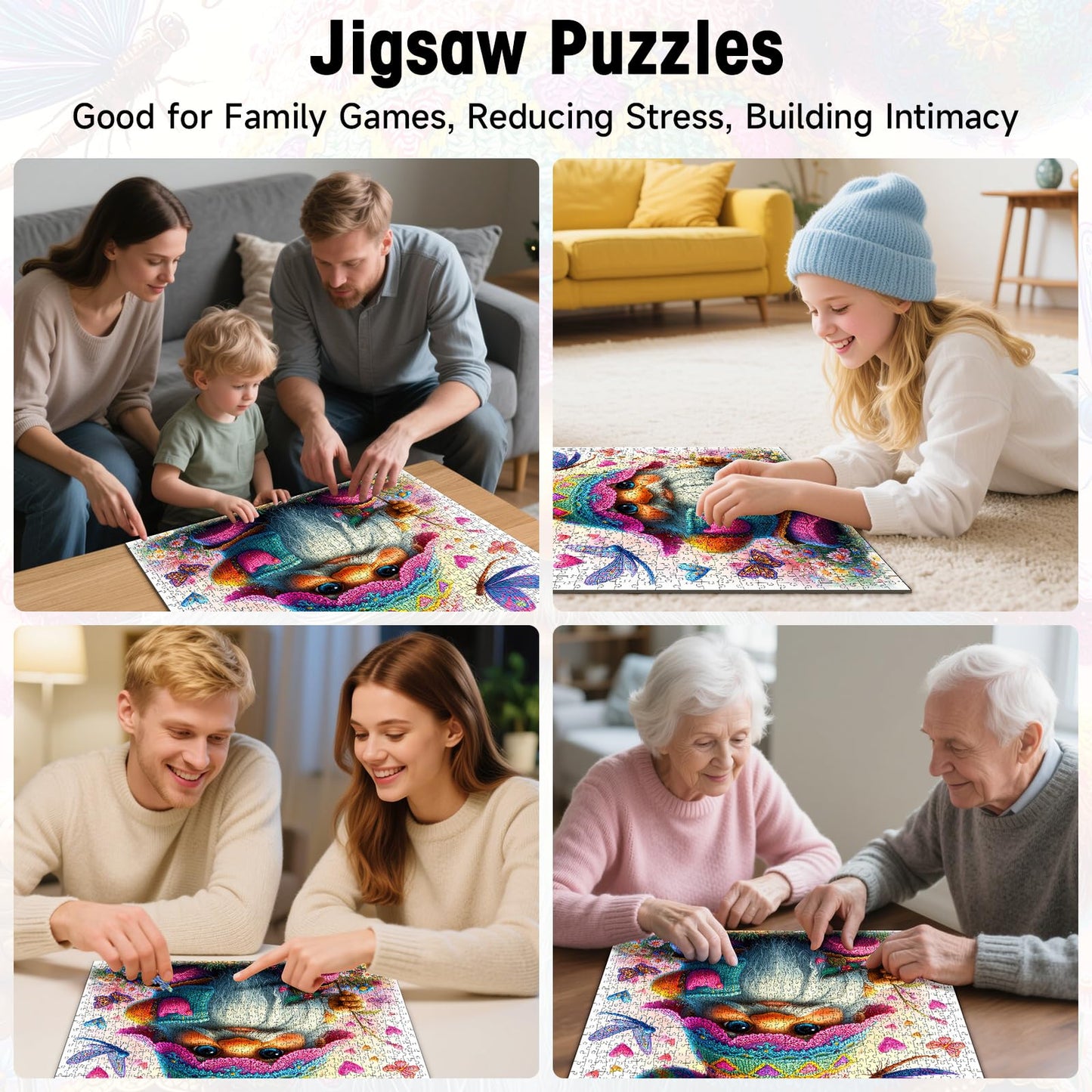 KIDSU 1000-Piece Gnome Puzzle – Hearts & Butterflies, Letters on Back, 22.8 x 22.8 in