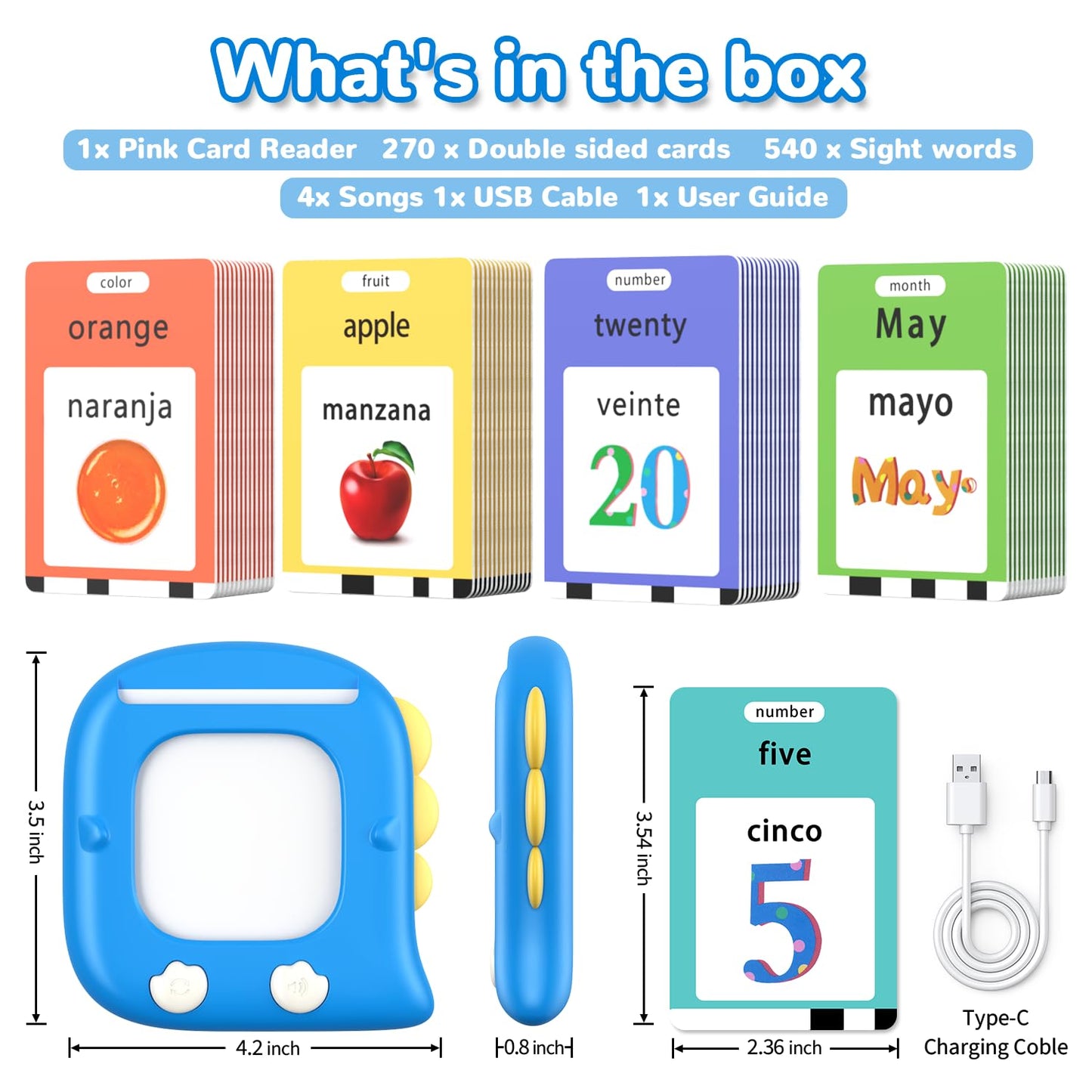 Kidzdo 520 Bilingual Spanish–English Talking Flash Cards – Portable Toddler Learning Toy