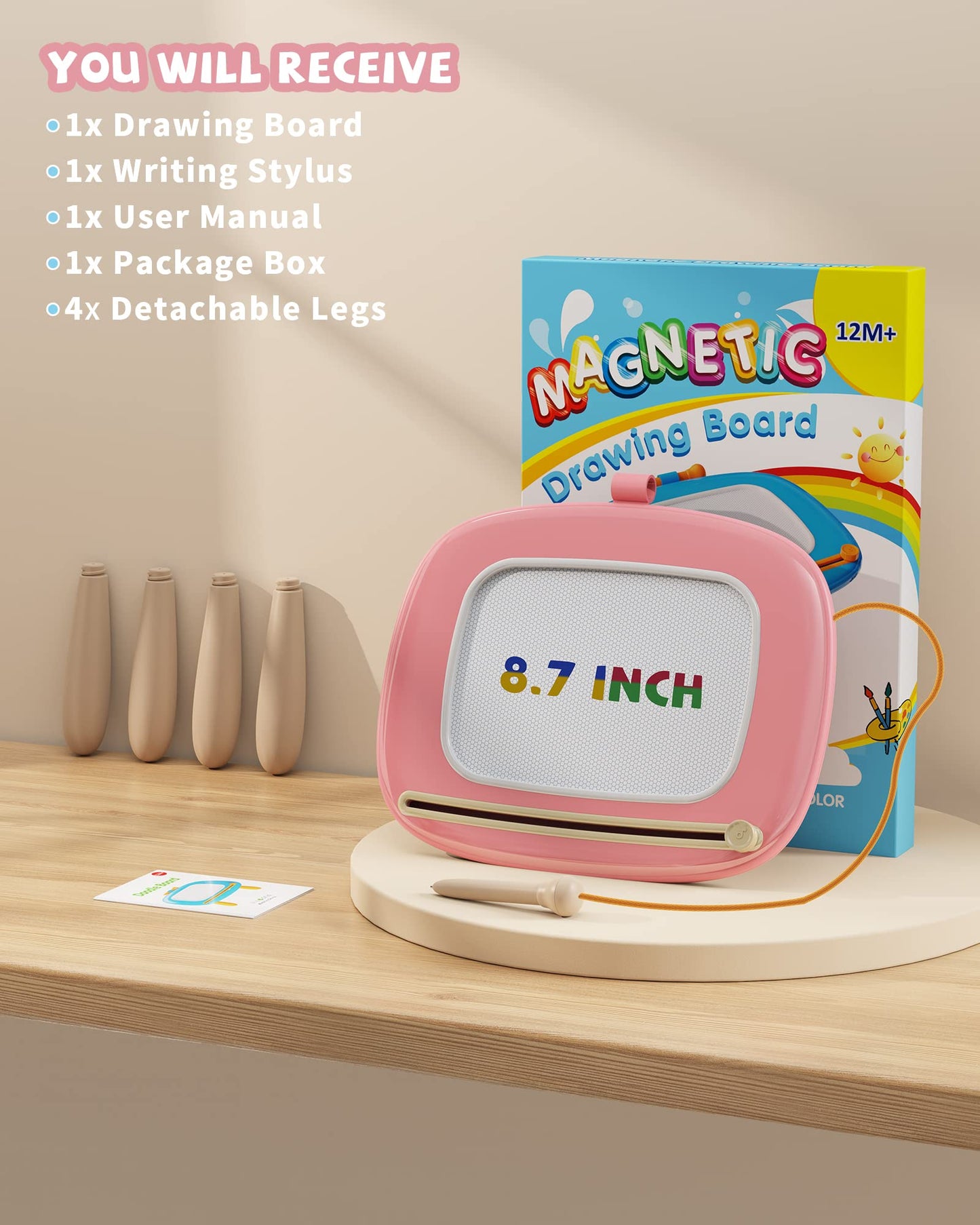 Kikapabi Toddler Magnetic Drawing Board – Pink 8.7” Doodle Toy for 1st Birthday and Travel