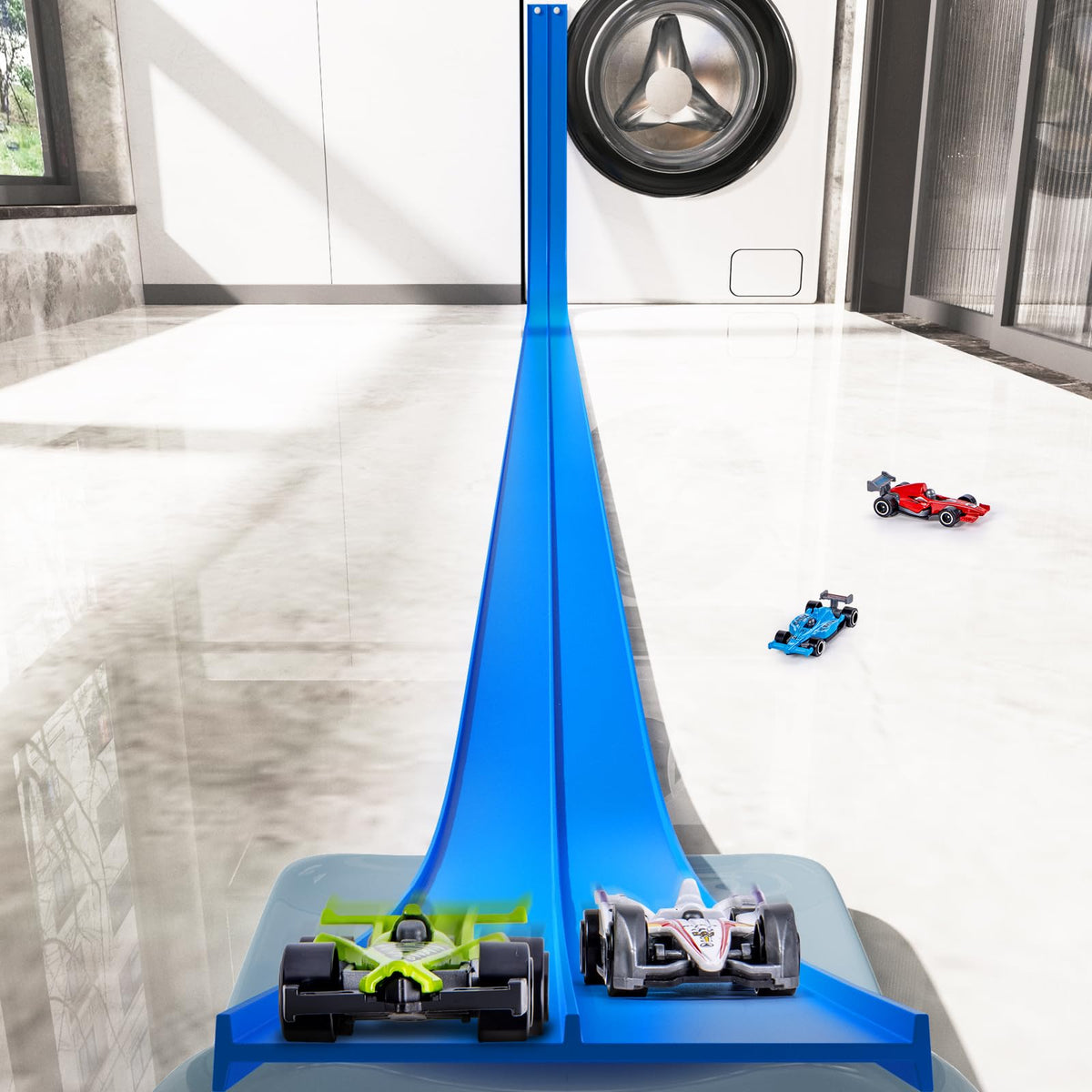 Kikikid 15 ft Flexible Race Track – Double-Sided, Portable Roll-Up with 4 Cars & Suction Cups (Ages 3–7) Blue