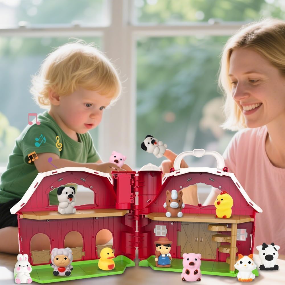 Kimicare Musical Red Barn Farm Playset – Finger Puppets & Baby Book for 3-5 Year Olds