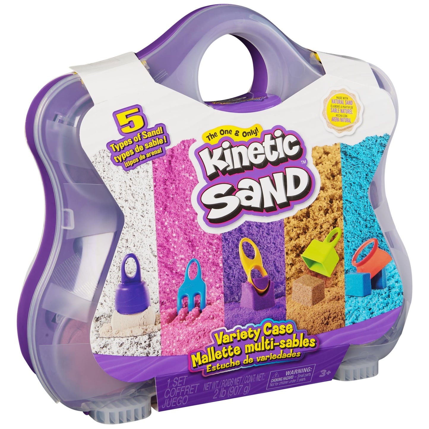 Kinetic Sand Variety Case – 2lbs of Play Sand (Beach, Neon & Shimmer) + 5 Tools | Reusable Storage Case
