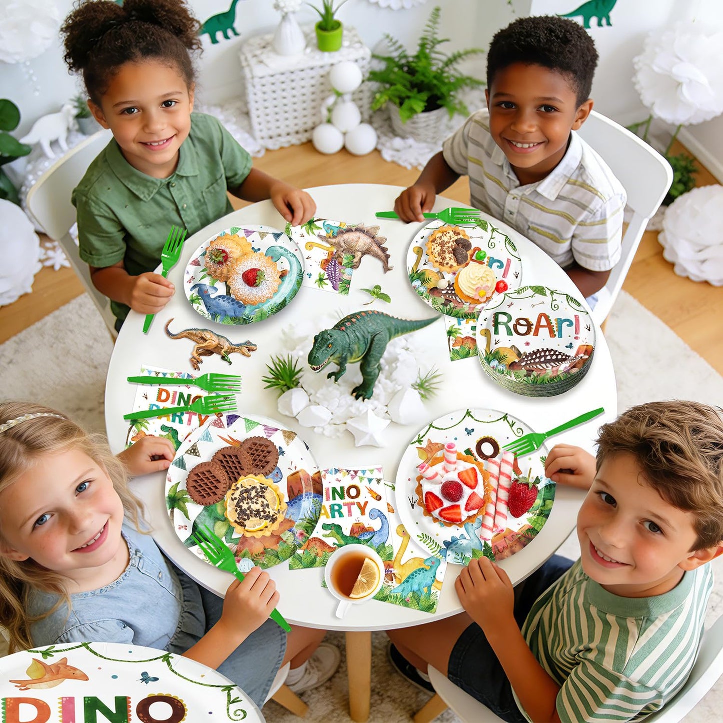 Kinovo 96 Pcs Dinosaur Plates & Napkins Tableware Set – Serves 24, Kids Birthday Party Supplies