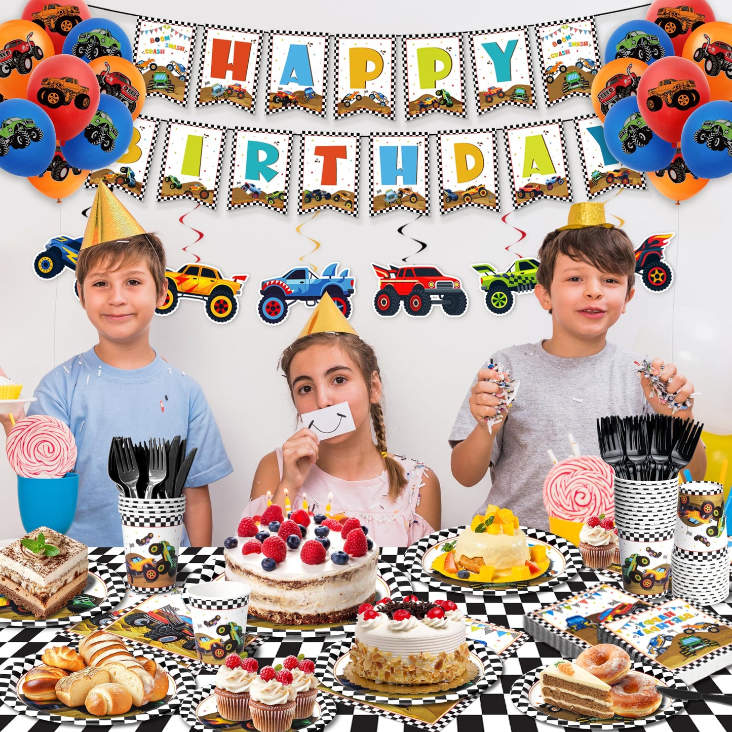 Kinovo 183Pcs Monster Truck Party Supplies – Plates, Napkins, Cups for 26 Guests