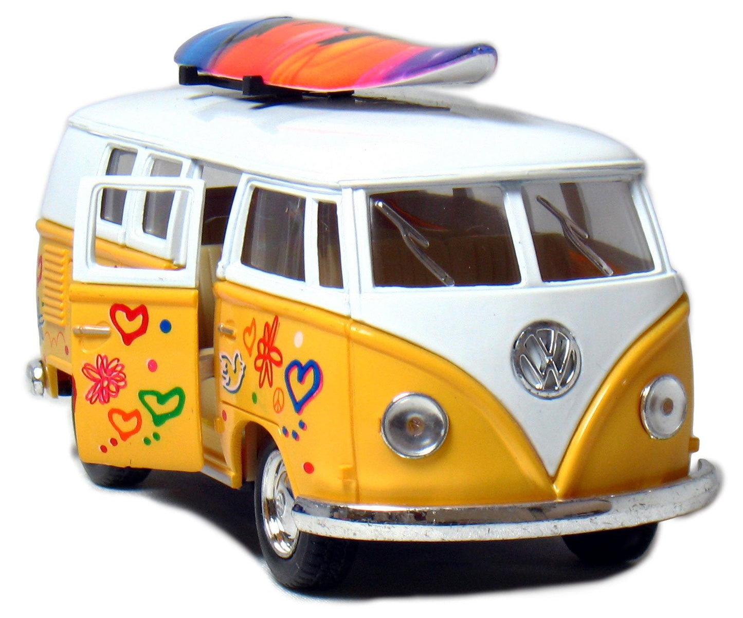 KiNSMART 1962 Volkswagen Bus 1:32 Die-Cast Model – Pull-Back Action, 5-Inch, Surfboard Flower Power (4-Pack)